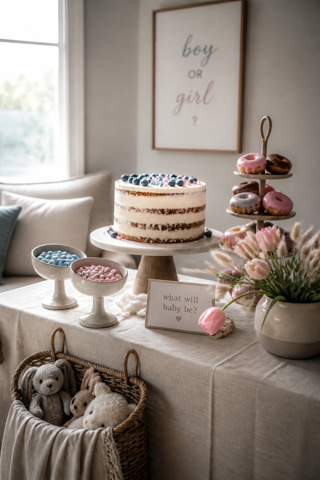 A gender reveal dessert table featuring a white layered cake on a stand, a tiered wooden donut stand, two small bowls of pink and blue candies, a vase of pink tulips, and a woven basket of stuffed animals.