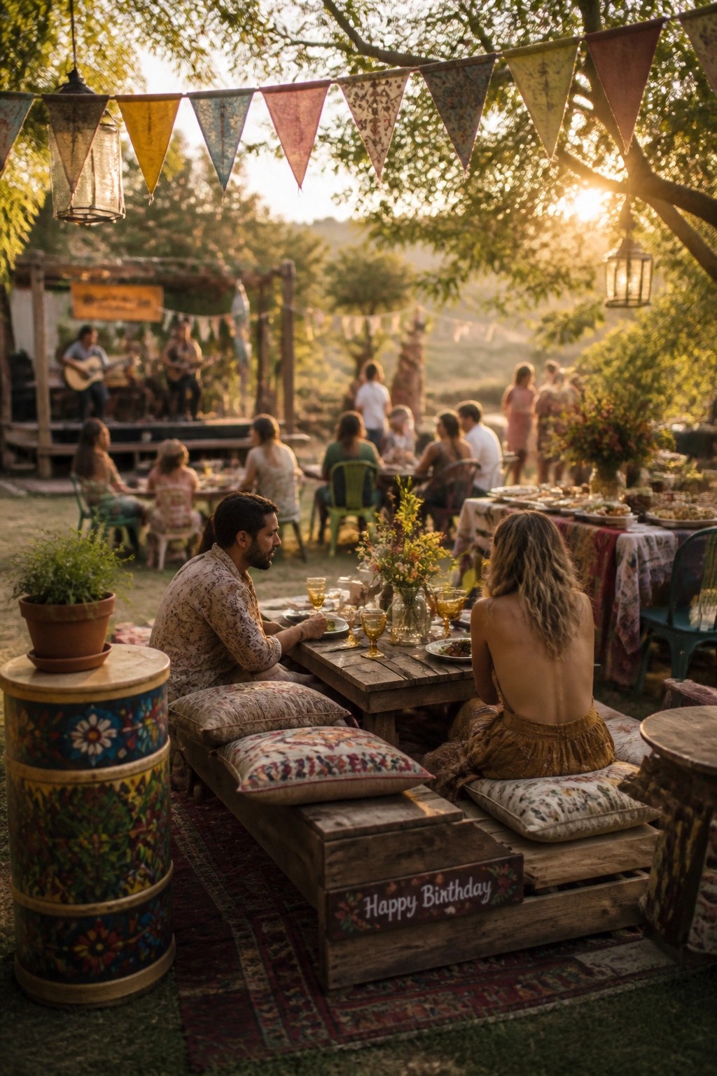 Adults seated on cushions around low wooden tables at an outdoor birthday gathering with string lights, lanterns, and colorful bunting overhead.