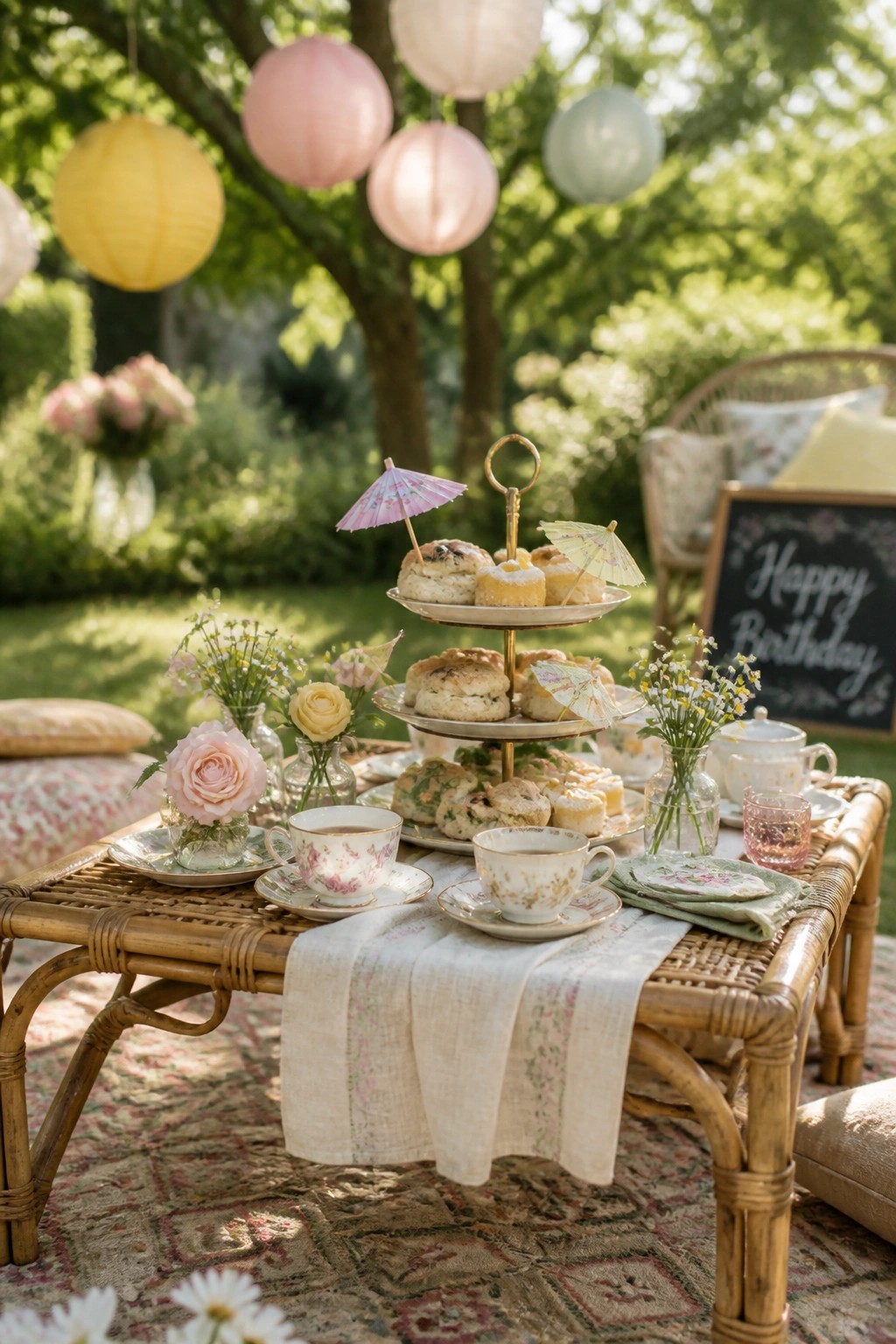 A three-tiered stand filled with scones and pastries sits on a wicker table outdoors, surrounded by floral teacups, small flower vases, and paper lanterns hanging from trees.