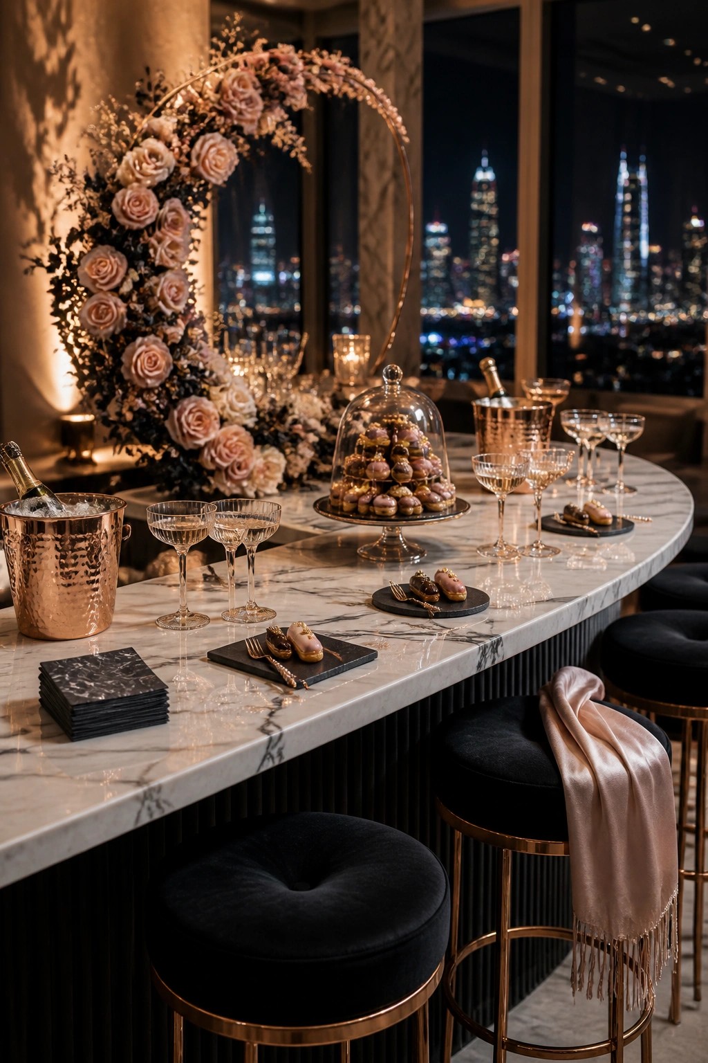 A curved marble bar with champagne buckets, coupe glasses, and pastries on stands, black velvet stools, and a large floral arch in front of a nighttime city skyline.