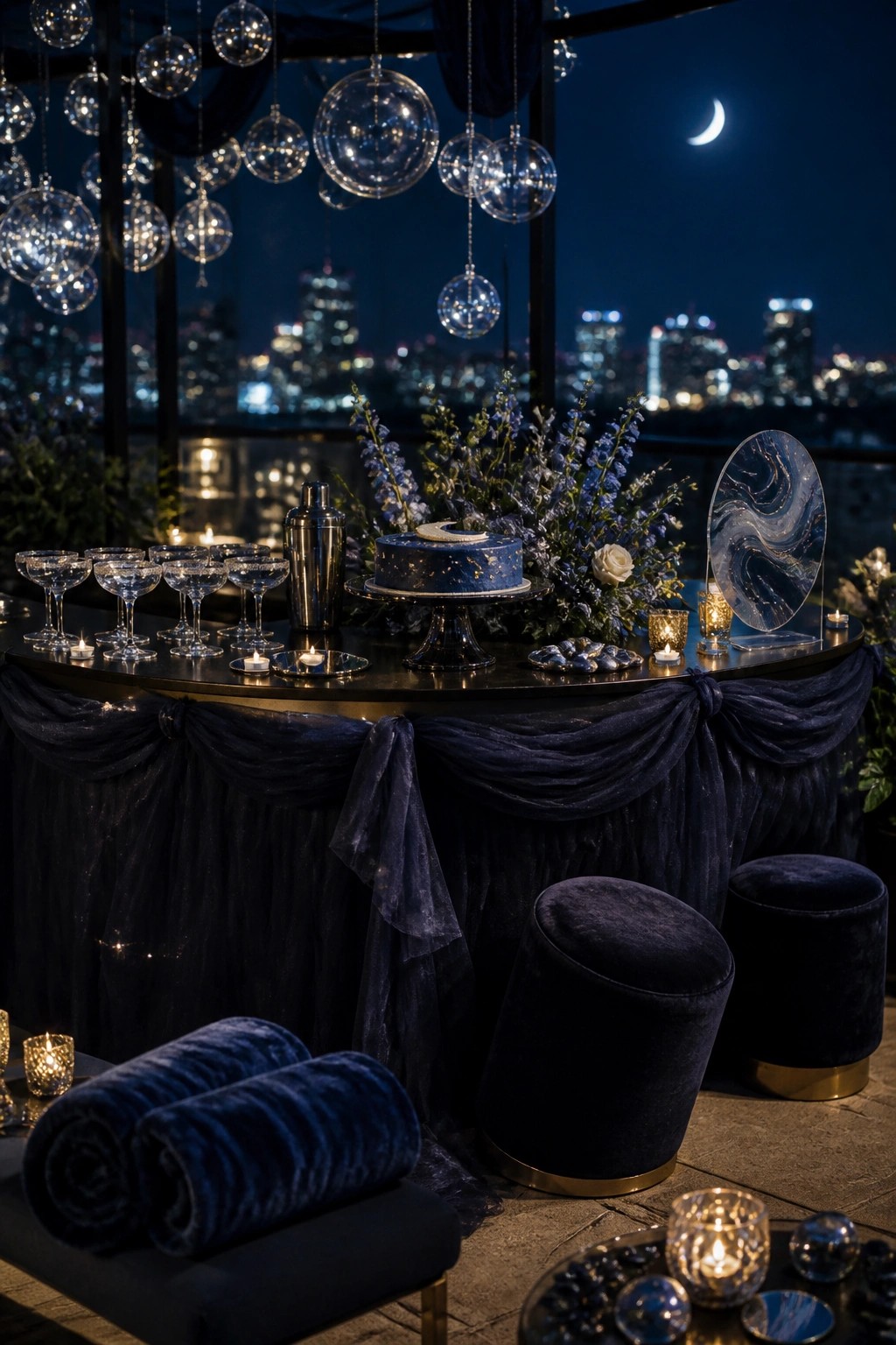 A round table covered in dark blue fabric holds a blue cake with a moon detail, cocktail glasses, a shaker, and blue flowers, with hanging glass orbs above and a city skyline at night in the background.