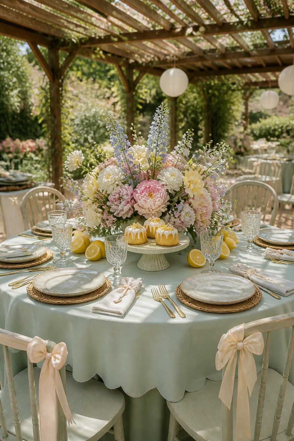 Pastel floral centerpiece on garden table with cakes, lemons, and elegant place settings
