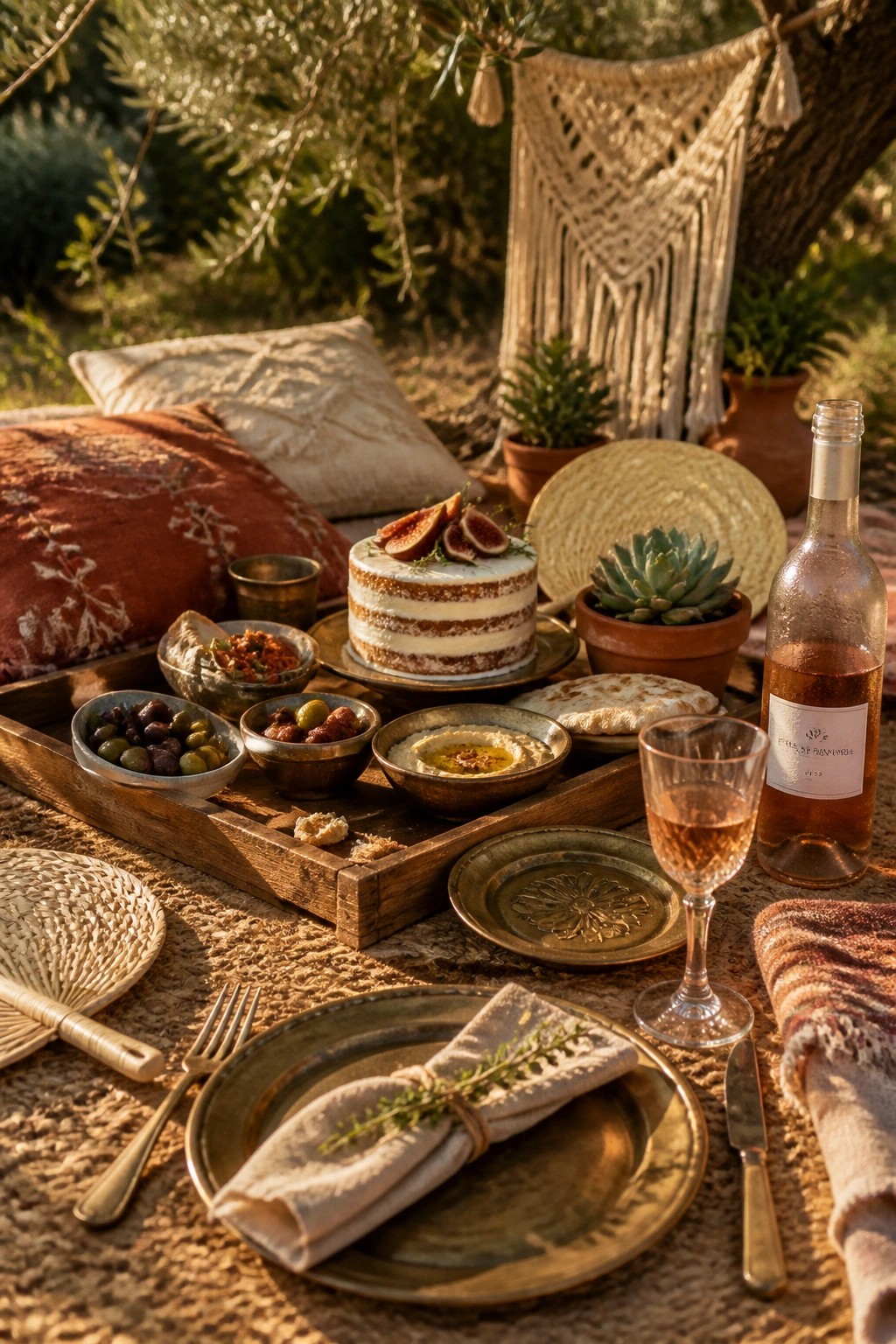 An outdoor picnic tablescape on a rug with a cake topped with figs, bowls of olives and hummus, a bottle of rose wine, metal plates, and cushions nearby.