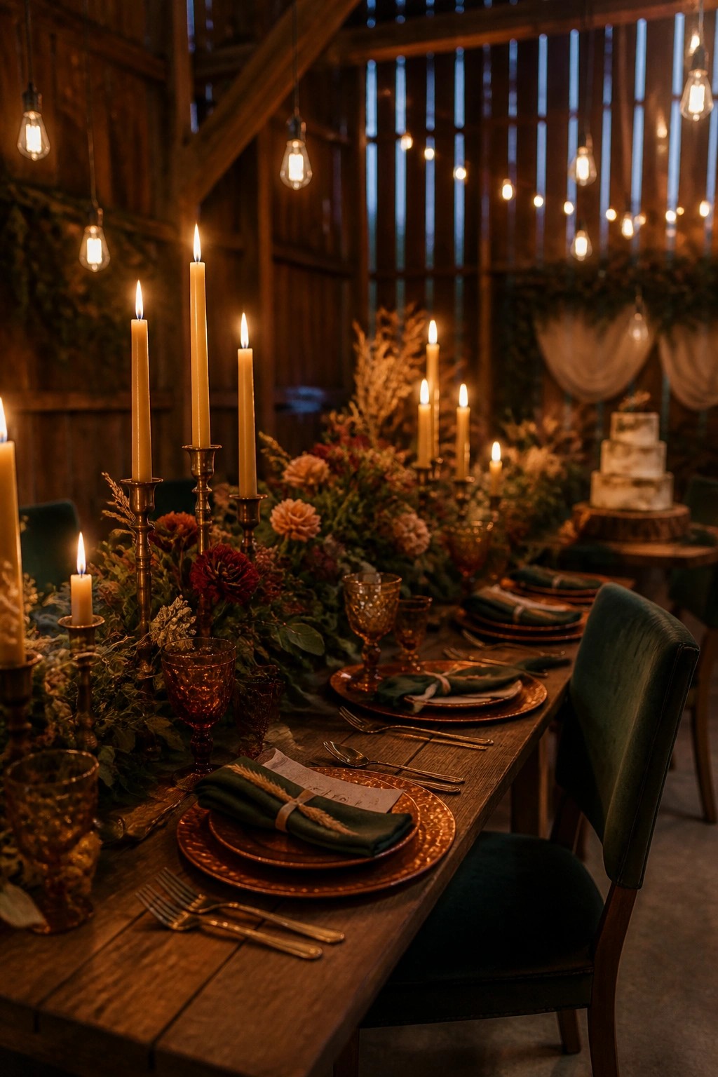 A long wooden dining table set with green napkins, amber glassware, copper plates, tall white taper candles, and a floral centerpiece inside a rustic venue with string lights overhead.