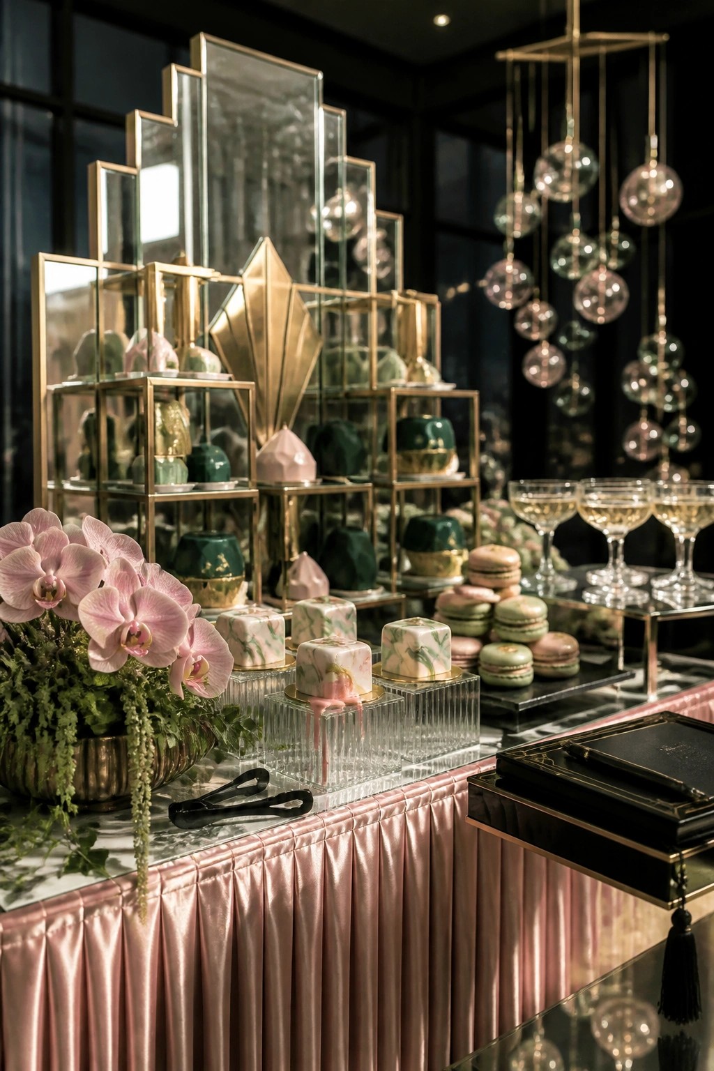 An elegant dessert table with pink satin skirting holds marble patterned cube pastries, macarons, pink orchids in a gold bowl, and hanging glass orbs above.