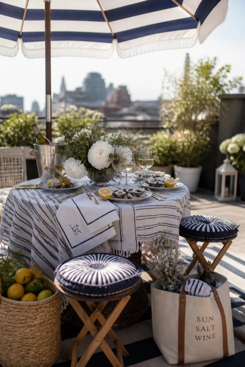 An outdoor rooftop table covered in blue and white striped linens, set with white flowers, wine glasses, oysters, and a striped umbrella overhead.
