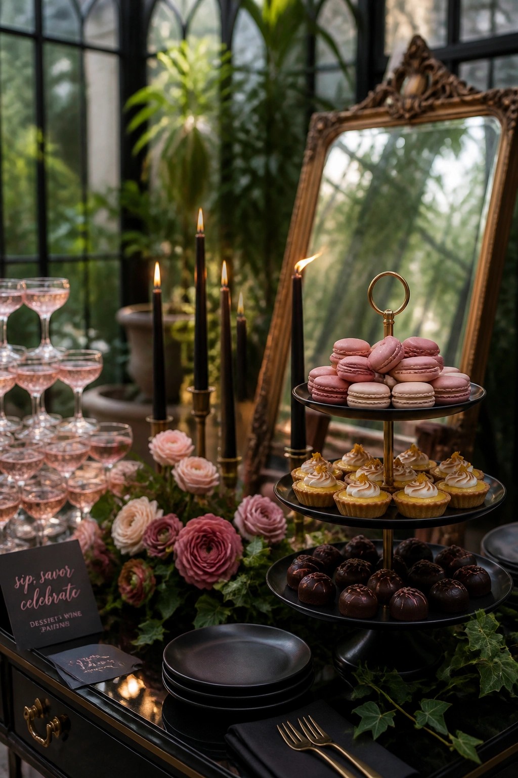 A tiered dessert stand with macarons, tarts, and chocolates sits on a table beside pink wine glasses, black candles, and pink roses in a greenhouse setting.