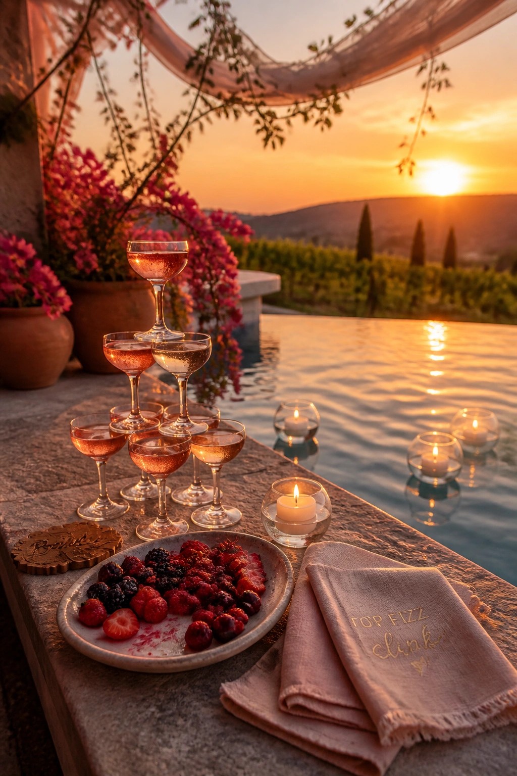 Romantic sunset by infinity pool with sparkling wine glasses, berry plate, and candles.