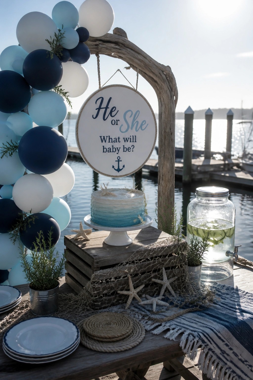 A wooden arch decorated with blue and white balloons frames a circular gender reveal sign above a cake and drink station on a dock by the water.