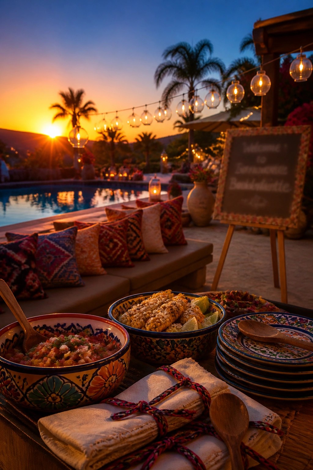 Poolside evening setup with colorful patterned bowls of food, stacked plates, folded napkins, and string lights over lounge seating by a pool at sunset.