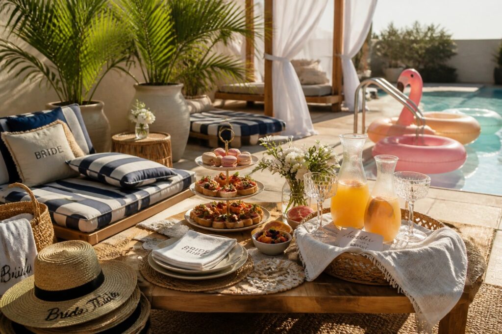 19 Stylish Poolside Bachelorette Party Ideas That Feel Like a Mini Vacation A wooden table holding glass carafes, tiered trays of appetizers, plates, and straw hats sits poolside at an outdoor bachelorette setup.