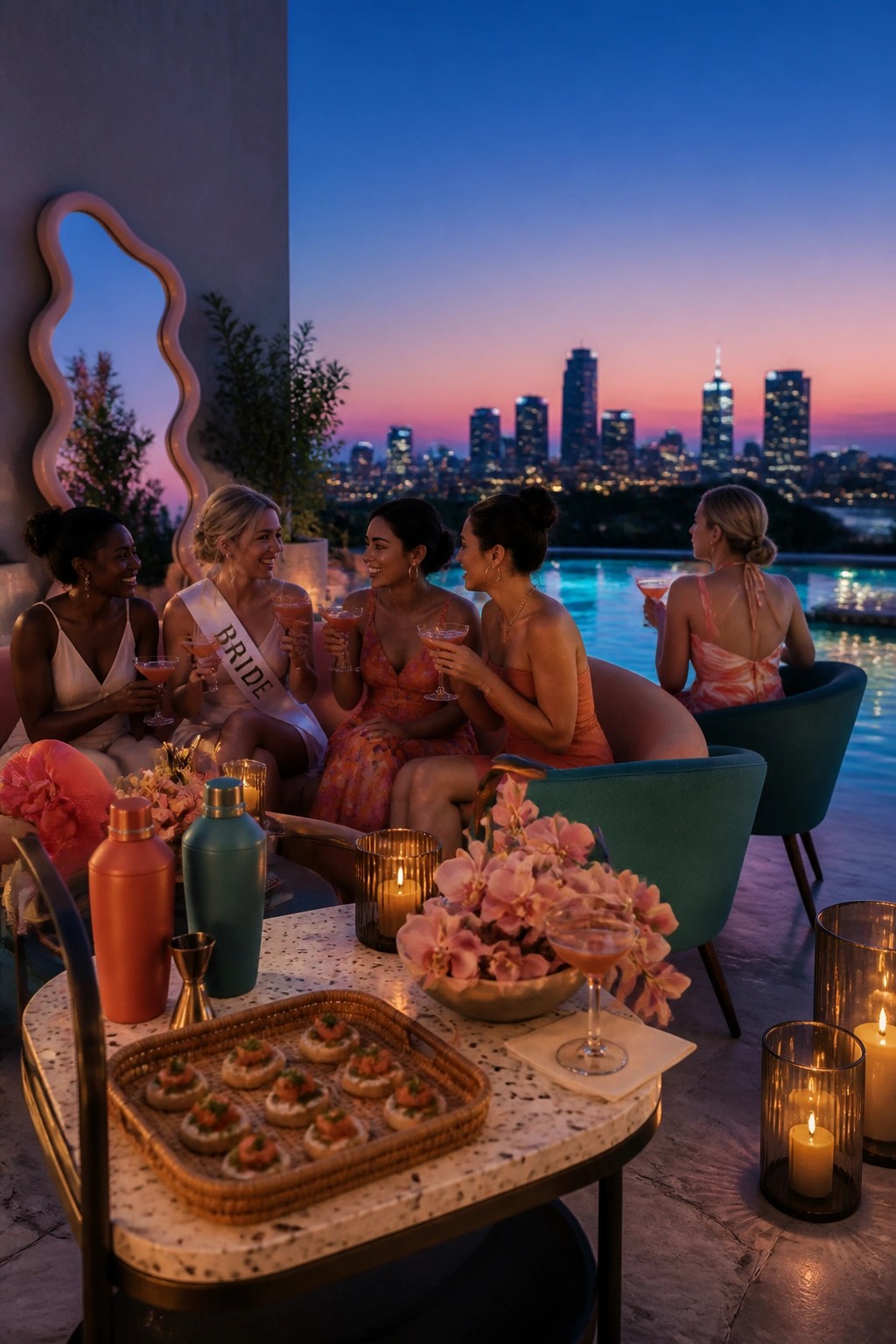 A group of women in dresses sit in lounge chairs around a table with appetizers and cocktails at dusk, overlooking a pool and city skyline, with one wearing a bride sash.