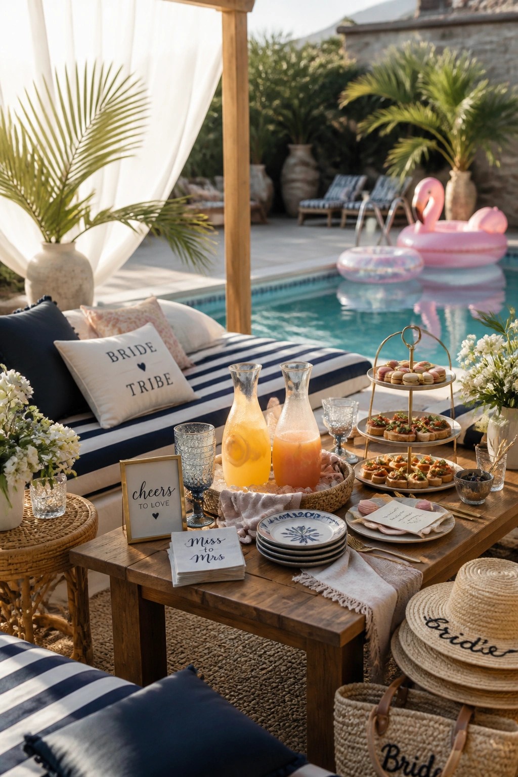 A wooden table holding glass carafes, tiered trays of appetizers, plates, and straw hats sits poolside at an outdoor bachelorette setup.