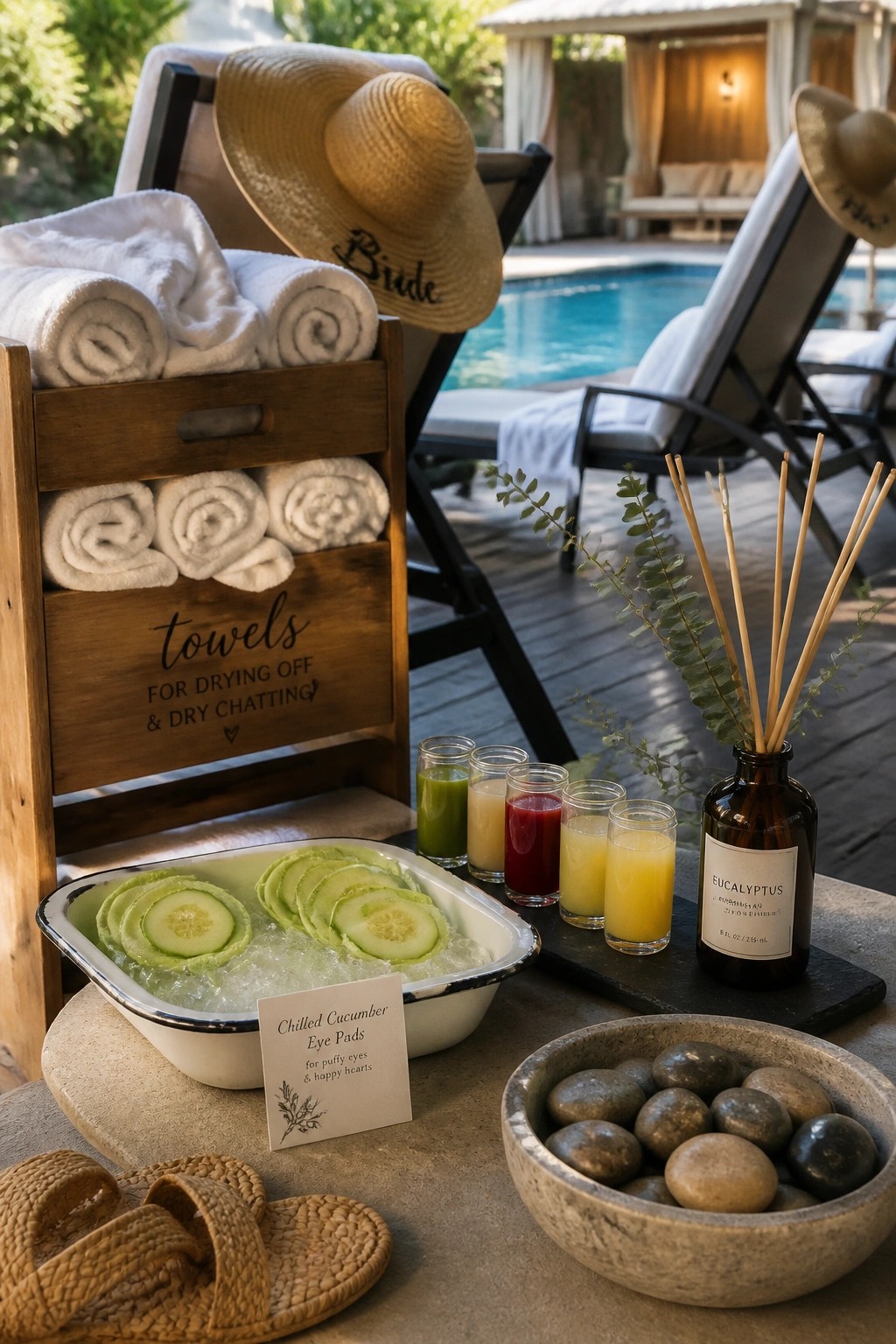 Poolside lounge area with a bowl of cucumber slices in ice, small juice glasses, rolled towels in a wooden crate, straw hats, and a eucalyptus diffuser on a table beside lounge chairs.