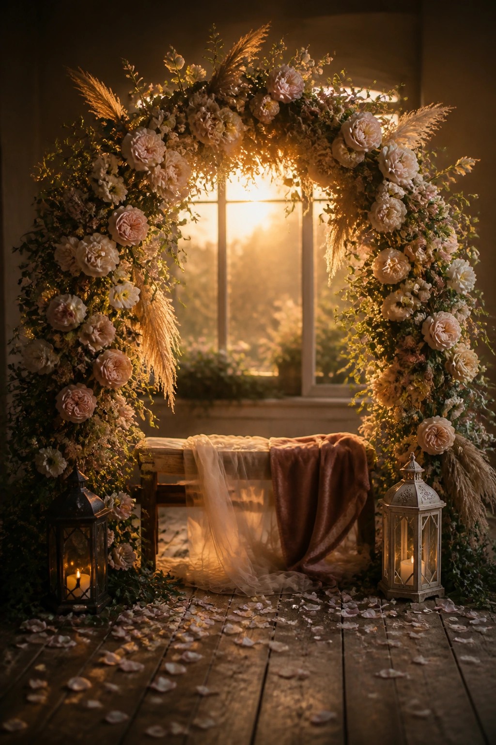 A large floral arch of pink and white roses with pampas grass stands before a window at sunset, flanked by two lit lanterns on a wooden floor scattered with petals and a fabric-draped bench underneath.