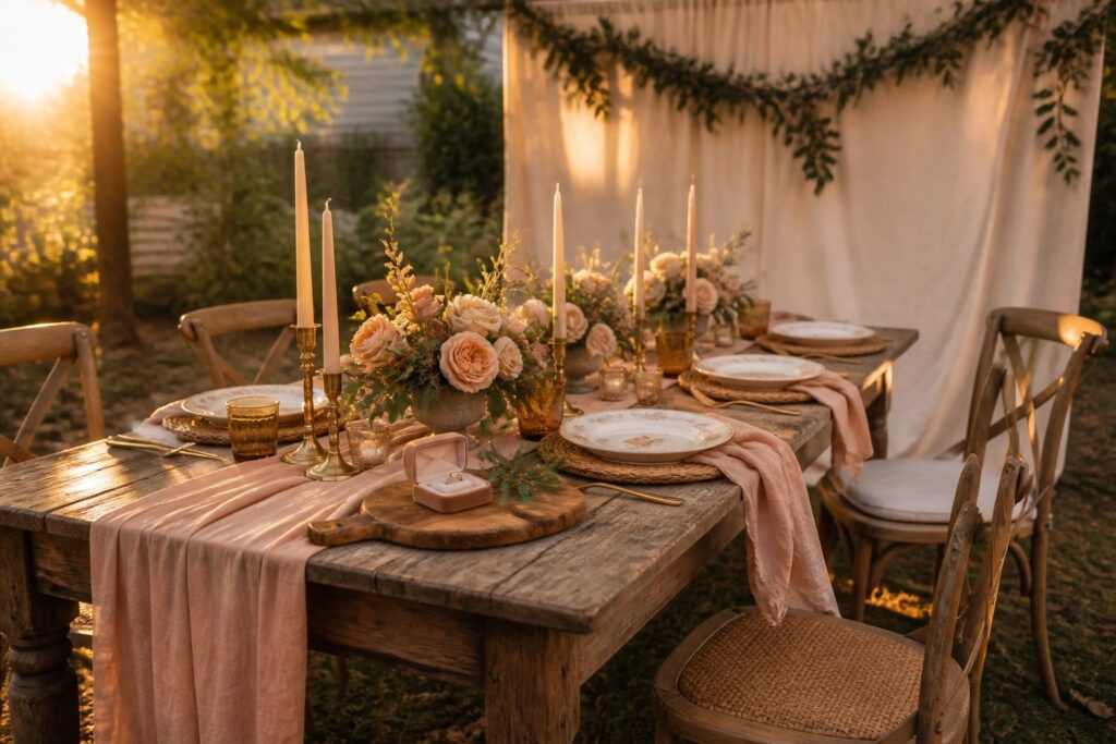 21 Unique Engagement Party Ideas That Make Your Event Stand Out A long wooden table outdoors at sunset with pink linens, floral arrangements, lit candles, and place settings.