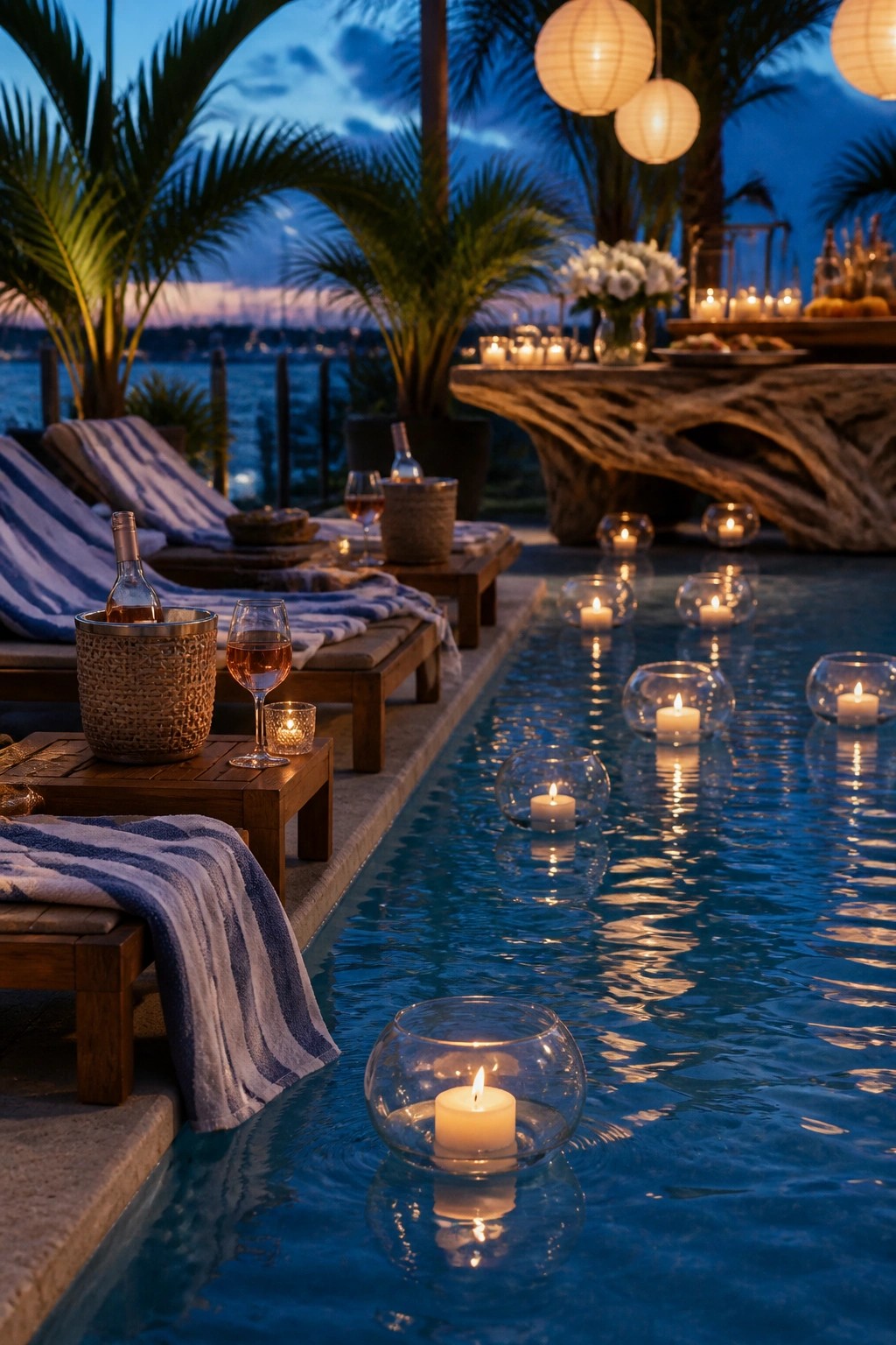 A pool at dusk lined with floating candles in glass holders, wooden lounge chairs with striped towels and wine nearby, and palm trees in the background.