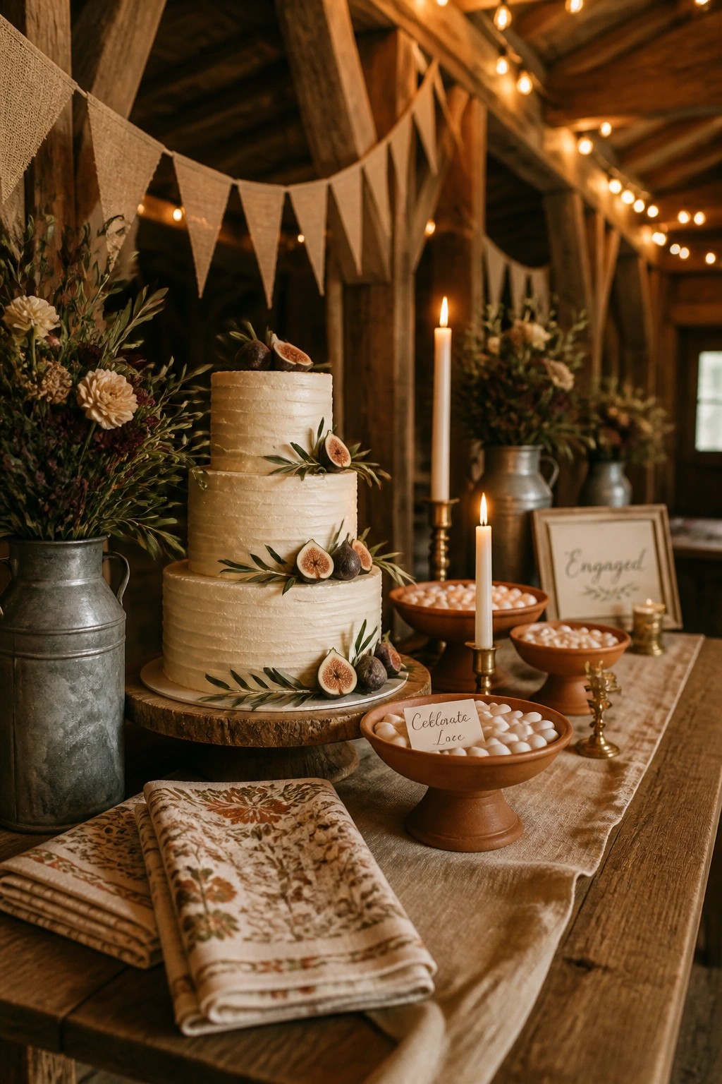 Three-tier white cake with figs beside lit candles and candy bowls in rustic barn