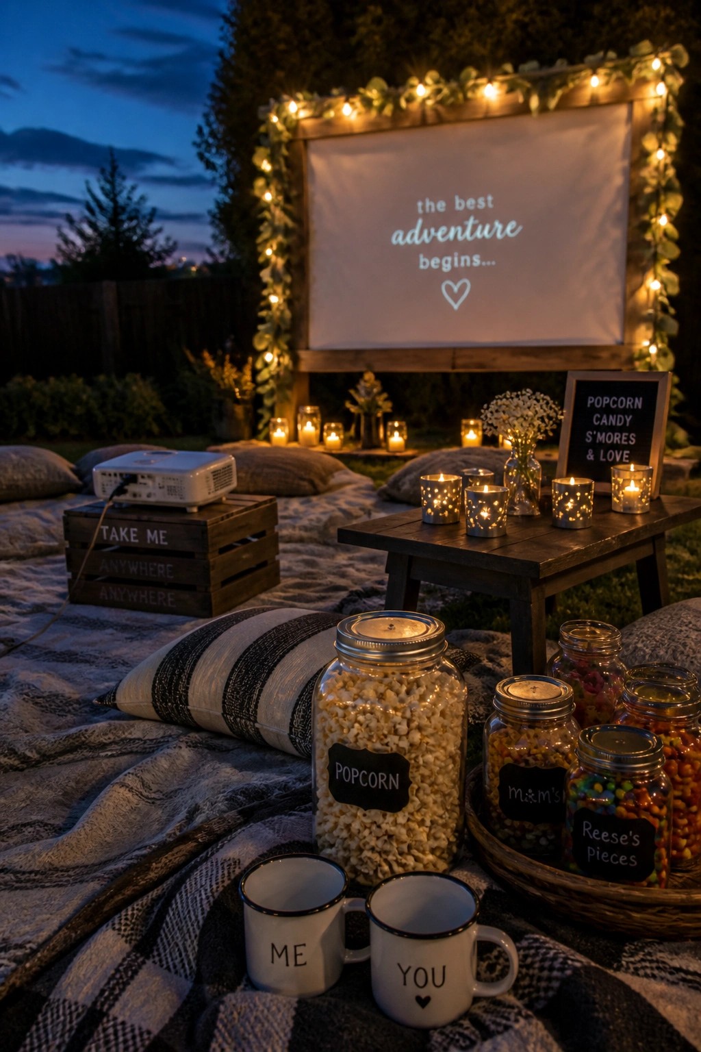 An outdoor movie screen framed with string lights and greenery, with blankets, pillows, a projector on a crate, and jars of snacks arranged on the grass at dusk.