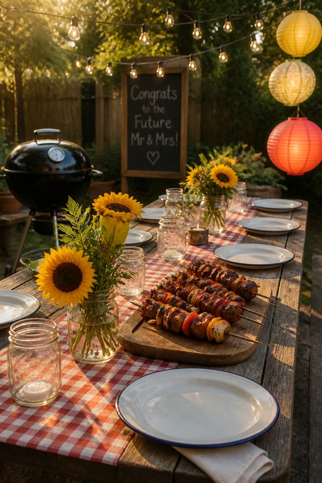 An outdoor wooden dining table with grilled skewers on a cutting board, sunflower bouquets in mason jars, white plates, a red checkered tablecloth, string lights overhead, and paper lanterns on the right.