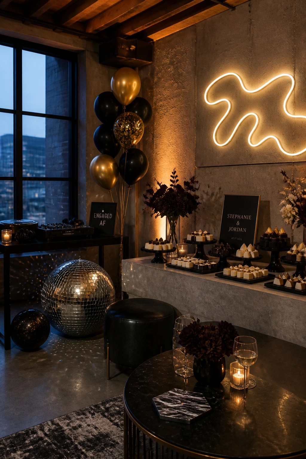 An indoor engagement party scene showing a long dessert table with assorted sweets on black stands of varying heights, gold and black balloons, a disco ball, and a neon sign on a concrete wall.