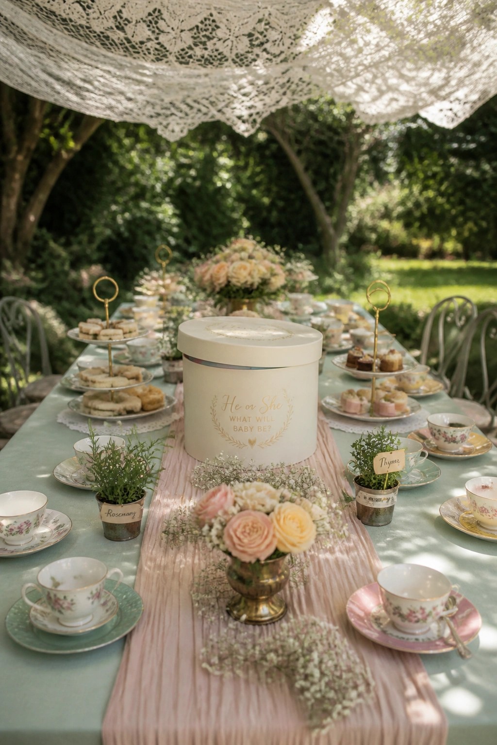 Outdoor baby shower table with vintage china, pastries, pink roses, and gender reveal box