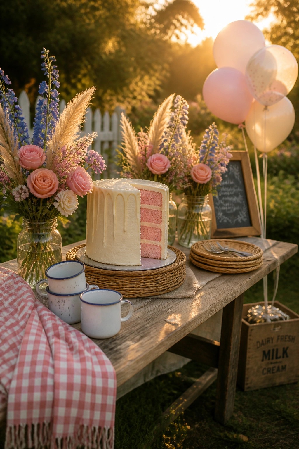 A white drip cake with pink interior layers on a wooden outdoor table, with pink roses, balloons, and enamel mugs nearby.
