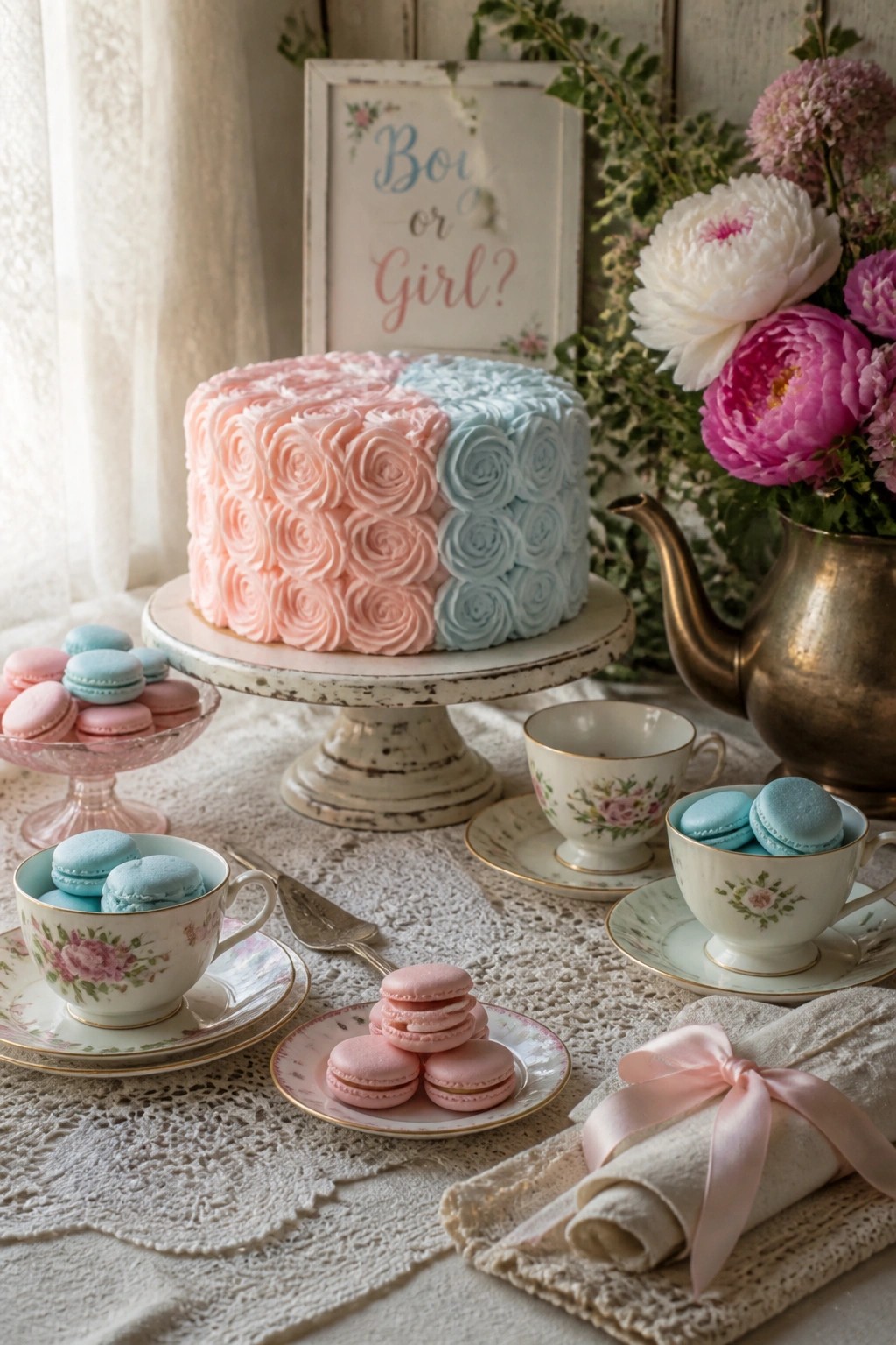 Half pink half blue rose cake with macarons, teacups, and 