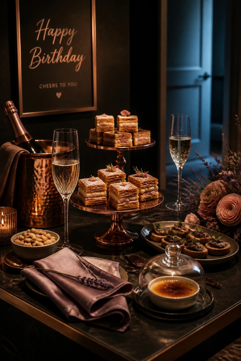 A dark marble table displays tiered copper stands with layered pastries, two champagne flutes, a hammered copper ice bucket with a bottle, a bowl of nuts, a small crème brûlée under glass, and a framed happy birthday sign in the background.