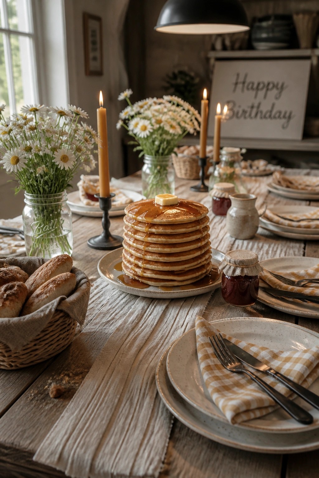 A rustic wooden table features a tall stack of pancakes with butter and syrup as the centerpiece, surrounded by lit taper candles, daisies in mason jars, bread rolls in a basket, and a happy birthday sign in the background.