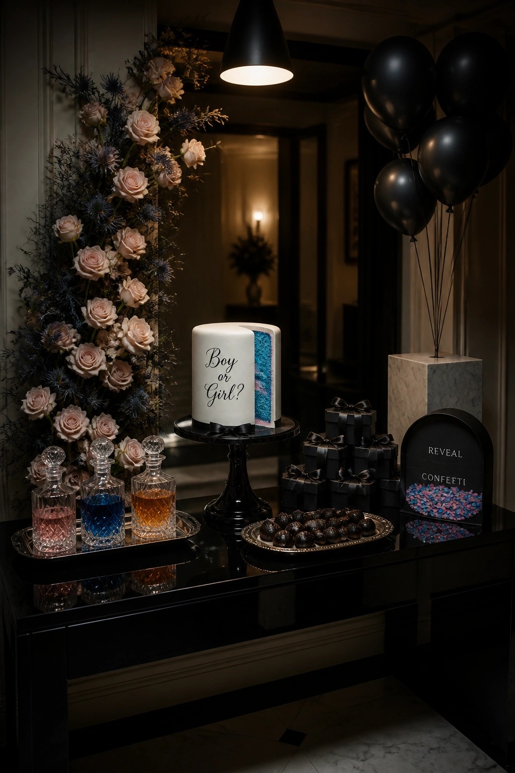 A white cake on a black stand sits on a dark table with black gift boxes, black balloons, glass decanters, a floral arrangement, and a reveal sign.