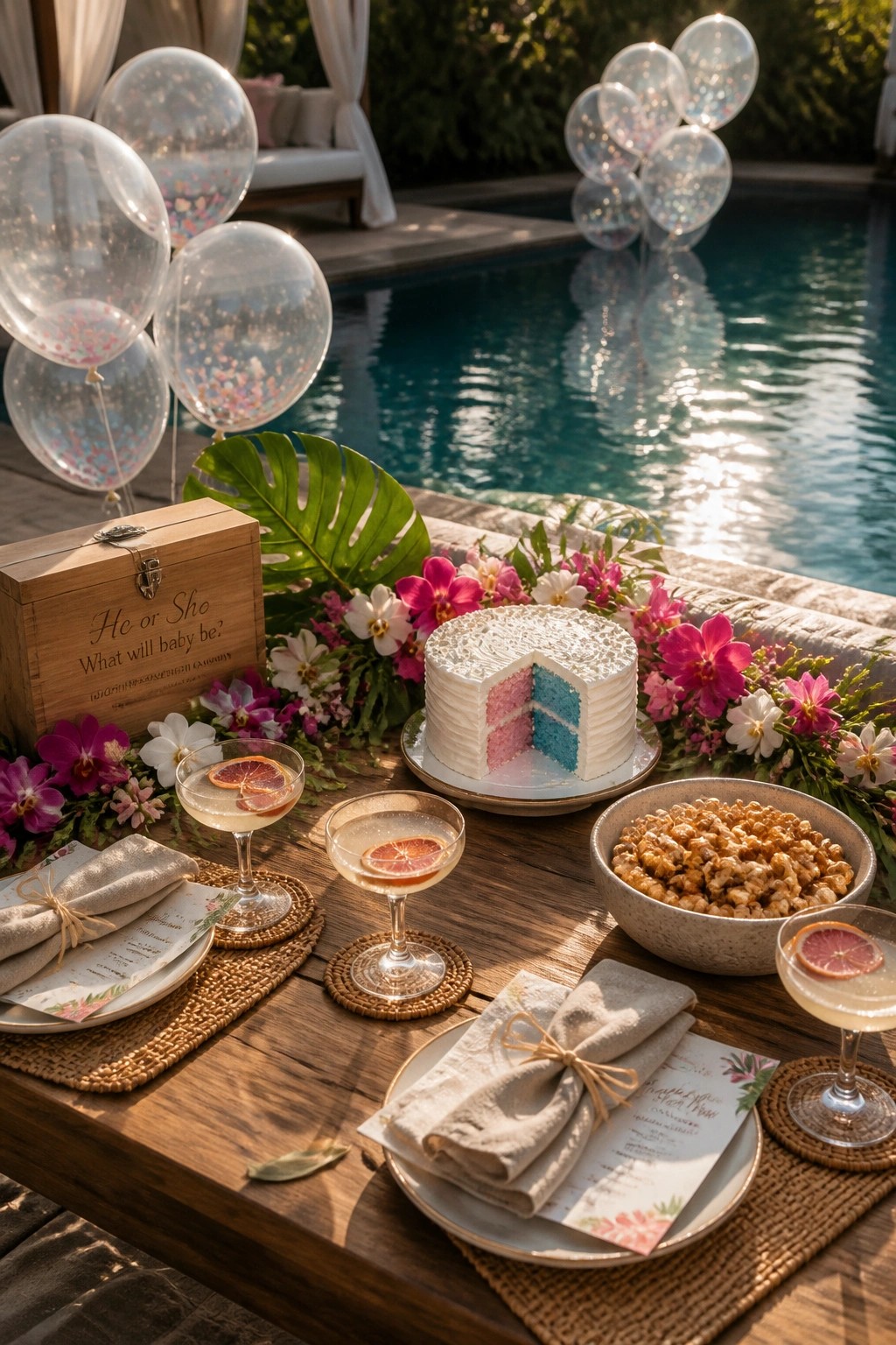 A wooden table outdoors by a pool holds a white frosted cake with a slice removed to show pink and blue layers inside, along with cocktails, a bowl of popcorn, flowers, and balloons.