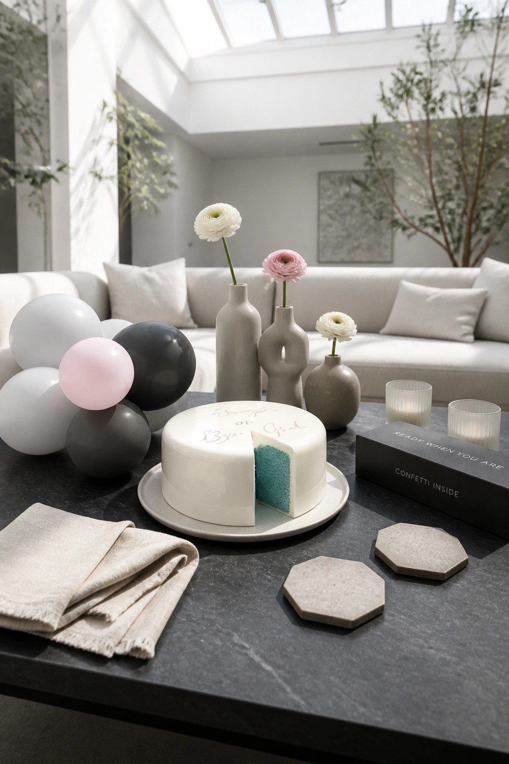 A white frosted cake with one slice removed showing a blue interior on a dark table with balloons, ceramic vases holding flowers, and lit candles nearby.