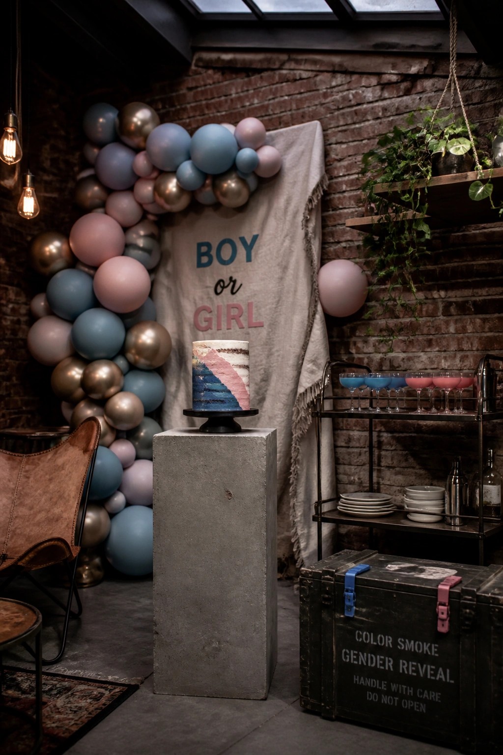 A round cake with pink and blue frosting sits on a gray concrete pedestal in front of a balloon arch and a fabric banner.