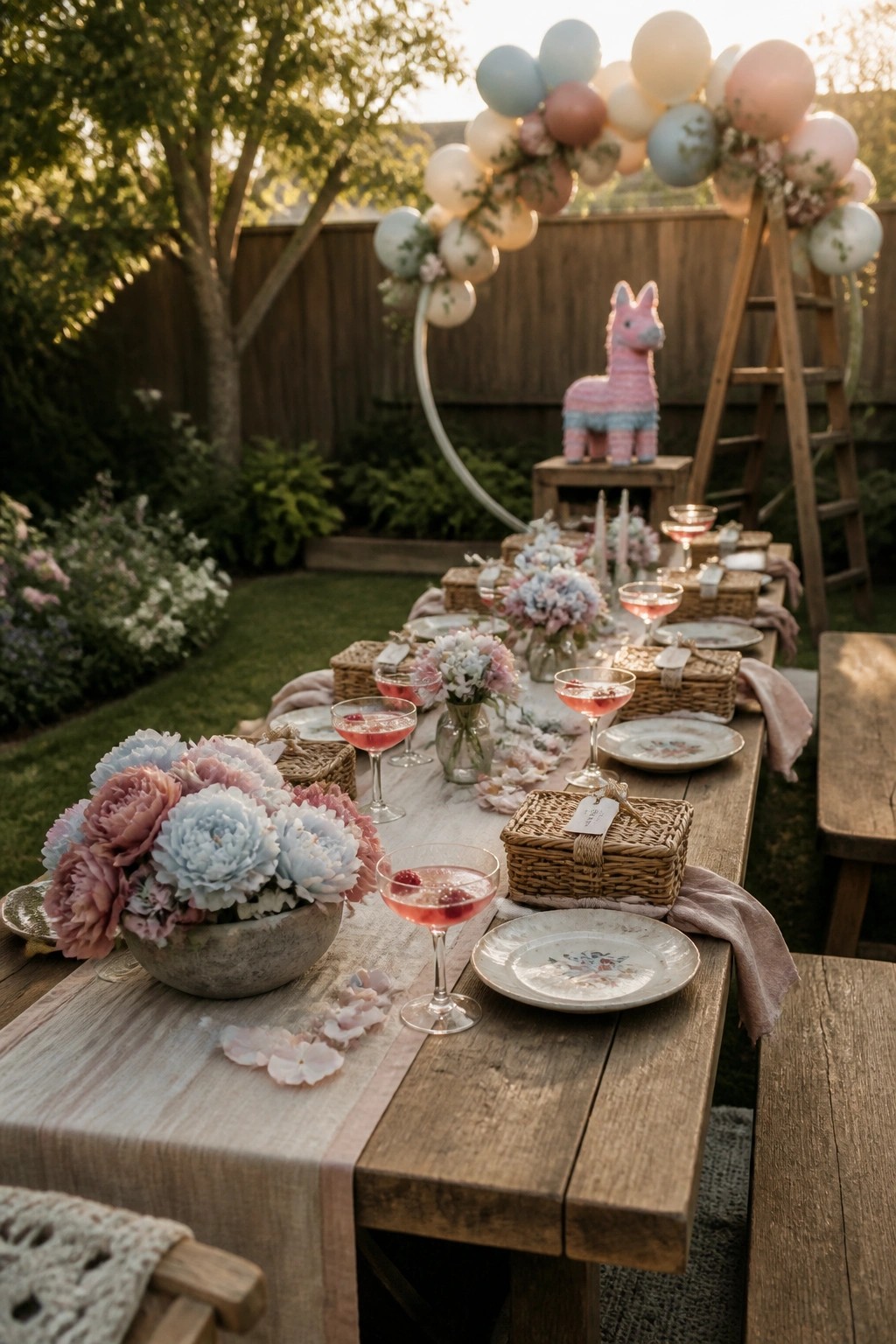 A long wooden outdoor table set with plates, pink drinks, and flower arrangements, with a large balloon arch and pink piñata visible behind it.
