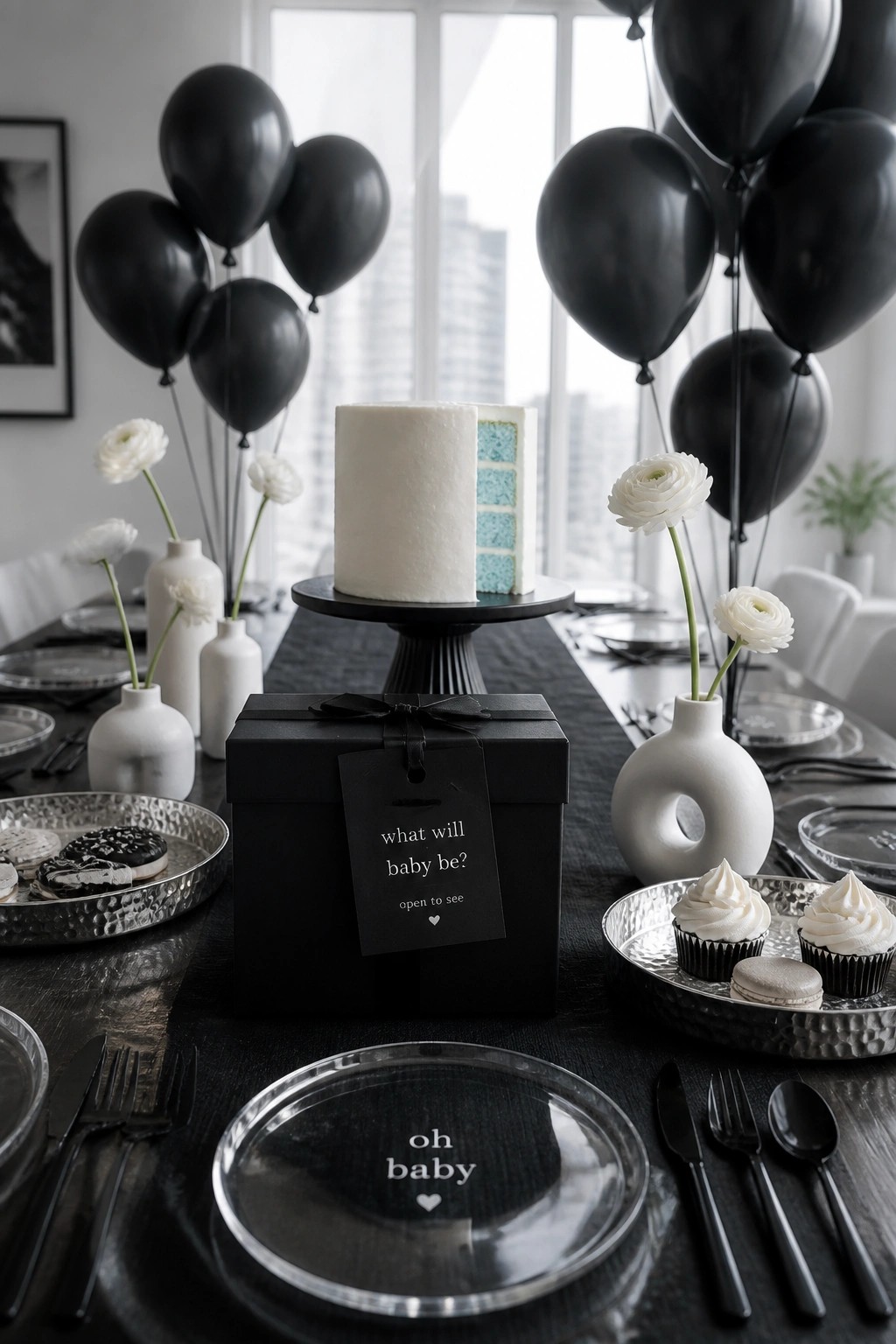 A long dining table styled in black and white with black balloons, a white cake showing blue layers, white flowers, desserts on metal trays, and a black gift box on a dark table runner.