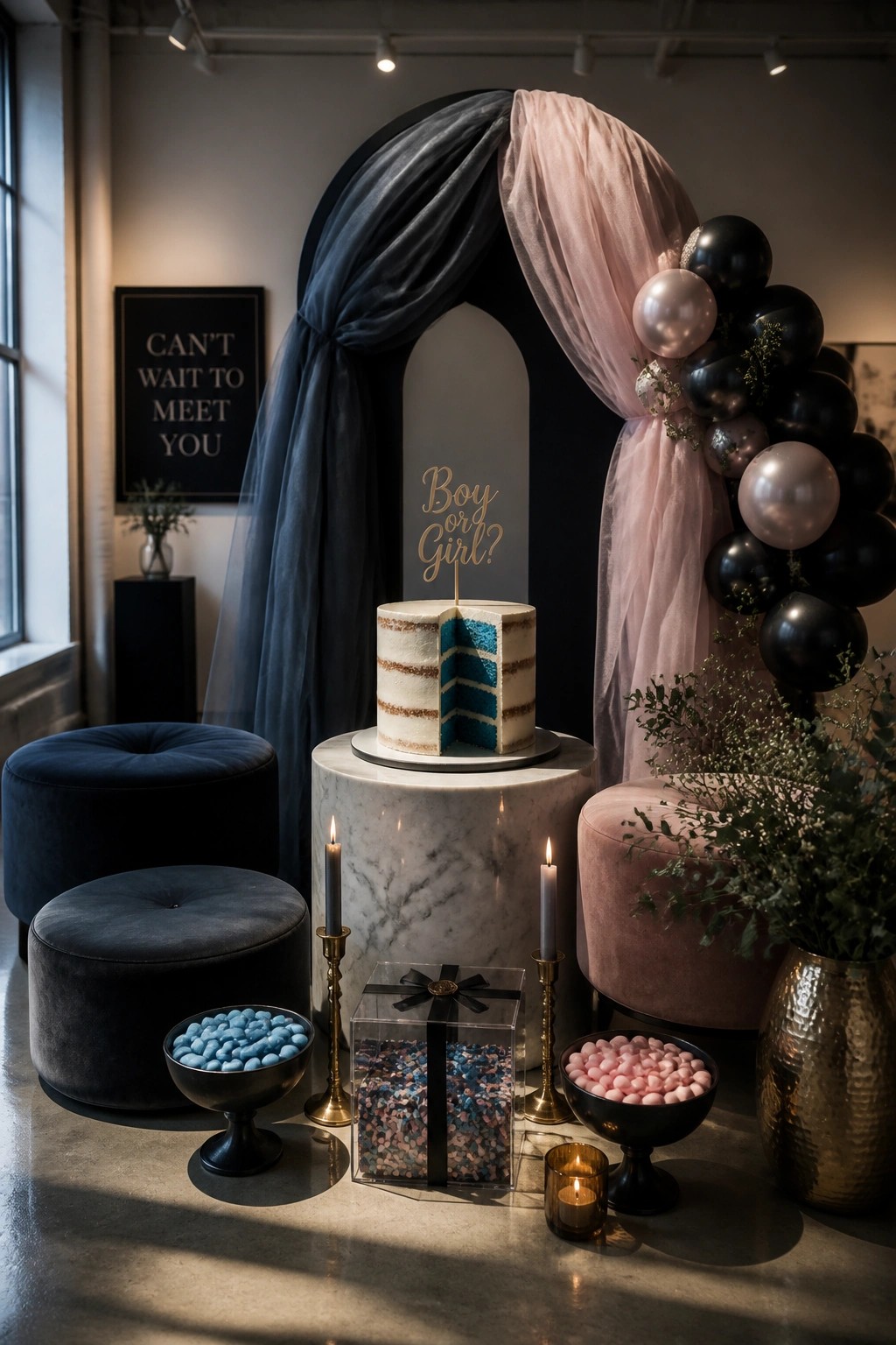 A round cake with blue layers on a marble pedestal, set in front of navy and pink fabric draping, with black and pink balloons on one side and bowls of blue and pink candies in the foreground.