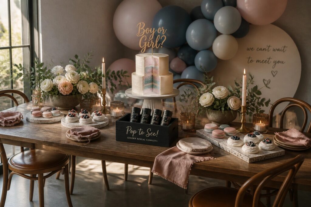 22 Chic Gender Reveal Party Themes for a Stylish and Modern Vibe A round wooden table displays a two-tier white cake with pink and blue layers visible in a cut slice, alongside macarons, berry pastries, lit candles, and a black box holding small pull-pop cans.