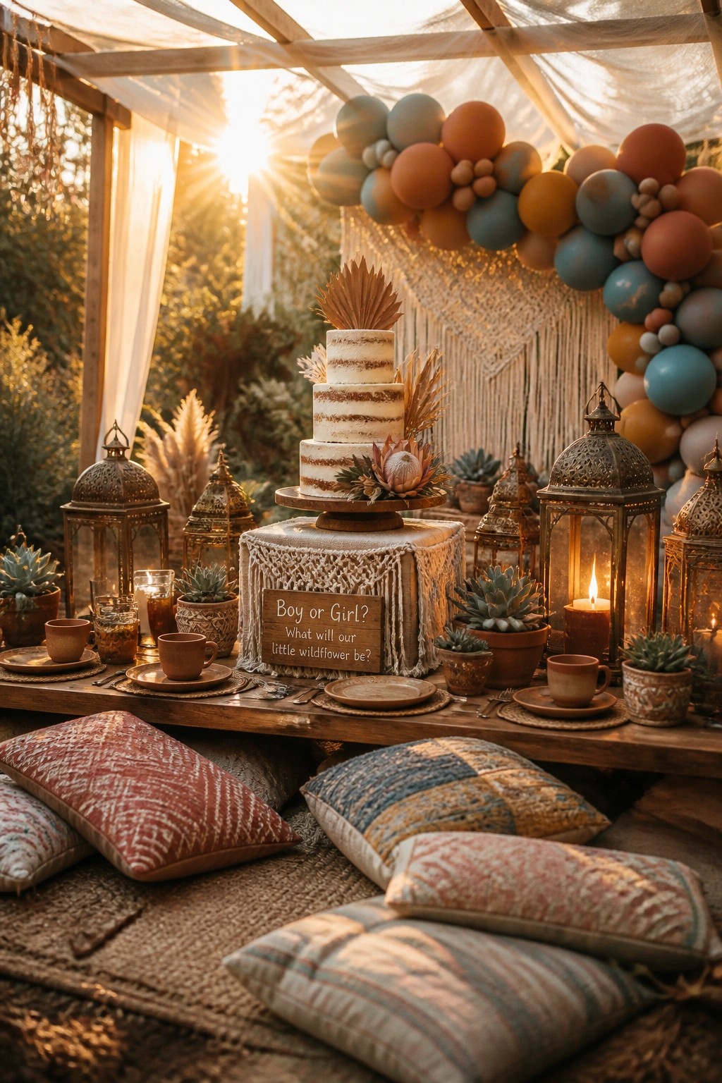A gender reveal setup featuring a cake on a low wooden table with lanterns, potted plants, and colorful floor cushions arranged on a rug beneath a balloon arch.