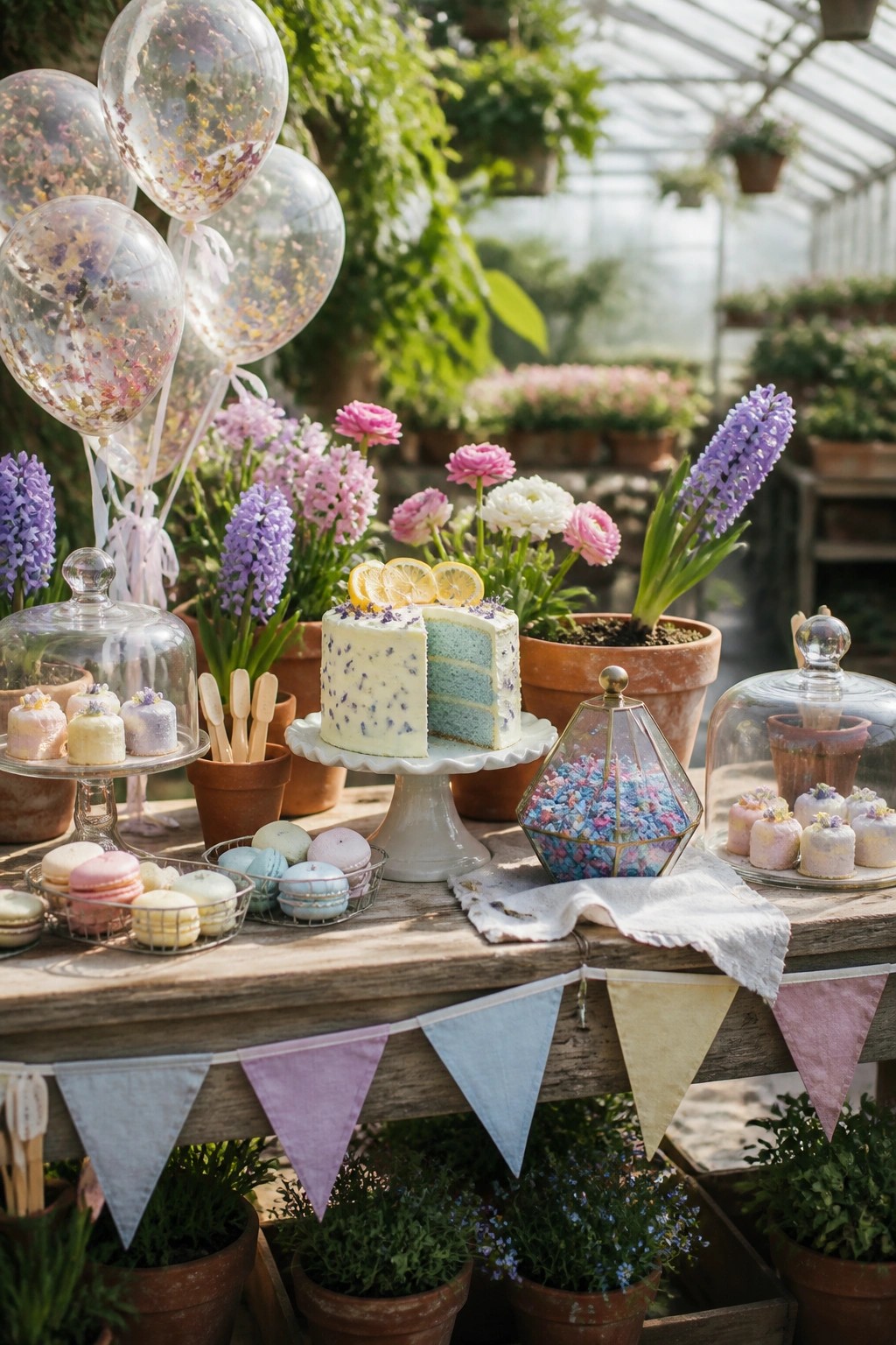 A wooden table in a greenhouse holds a cut pastel cake, macarons, and glass cloches of sweets, surrounded by potted flowers and balloons.