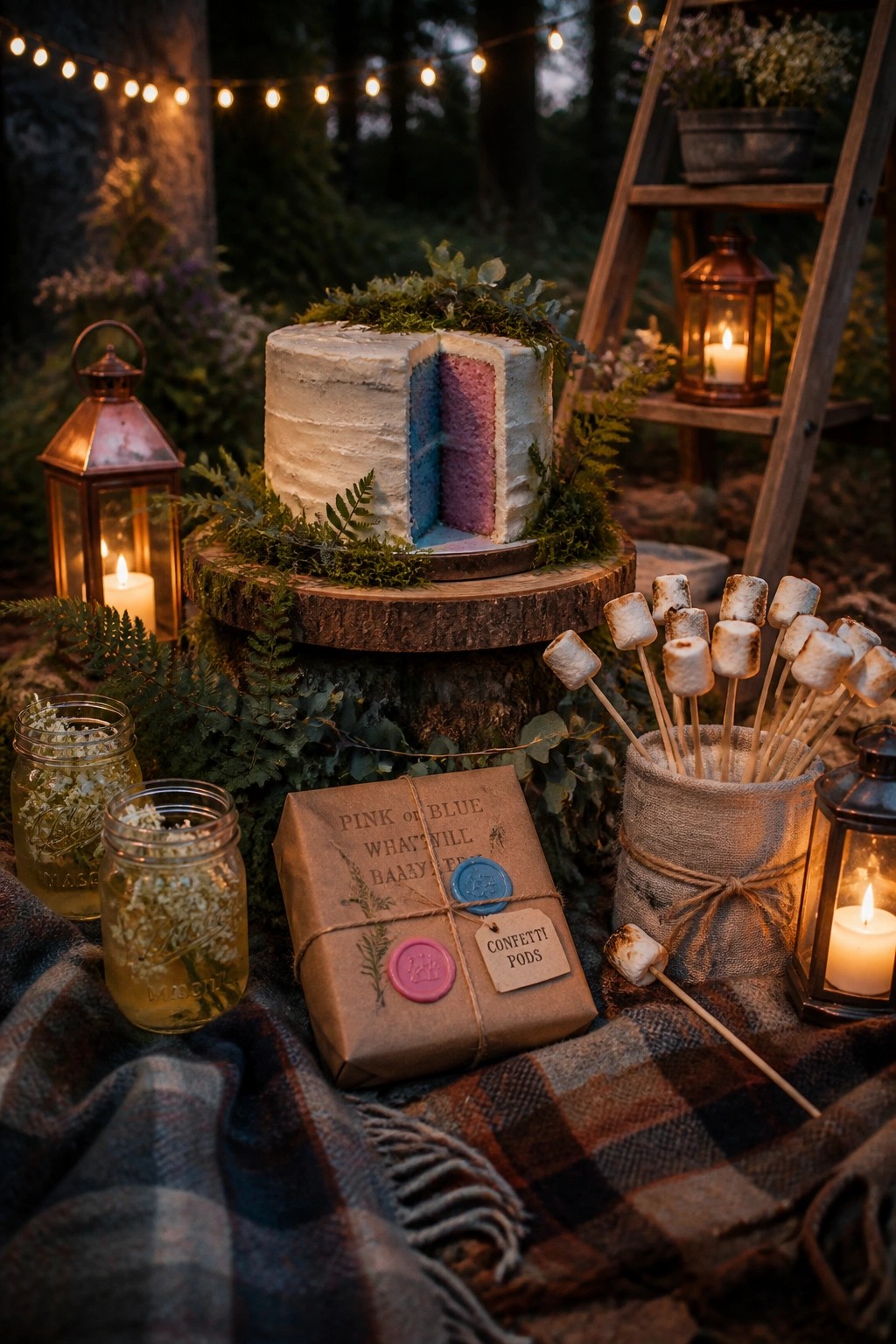 A white frosted cake with pink and blue interior layers cut open on a wooden stand in a wooded outdoor setting at dusk, surrounded by lit lanterns, marshmallows on sticks, and a plaid blanket.