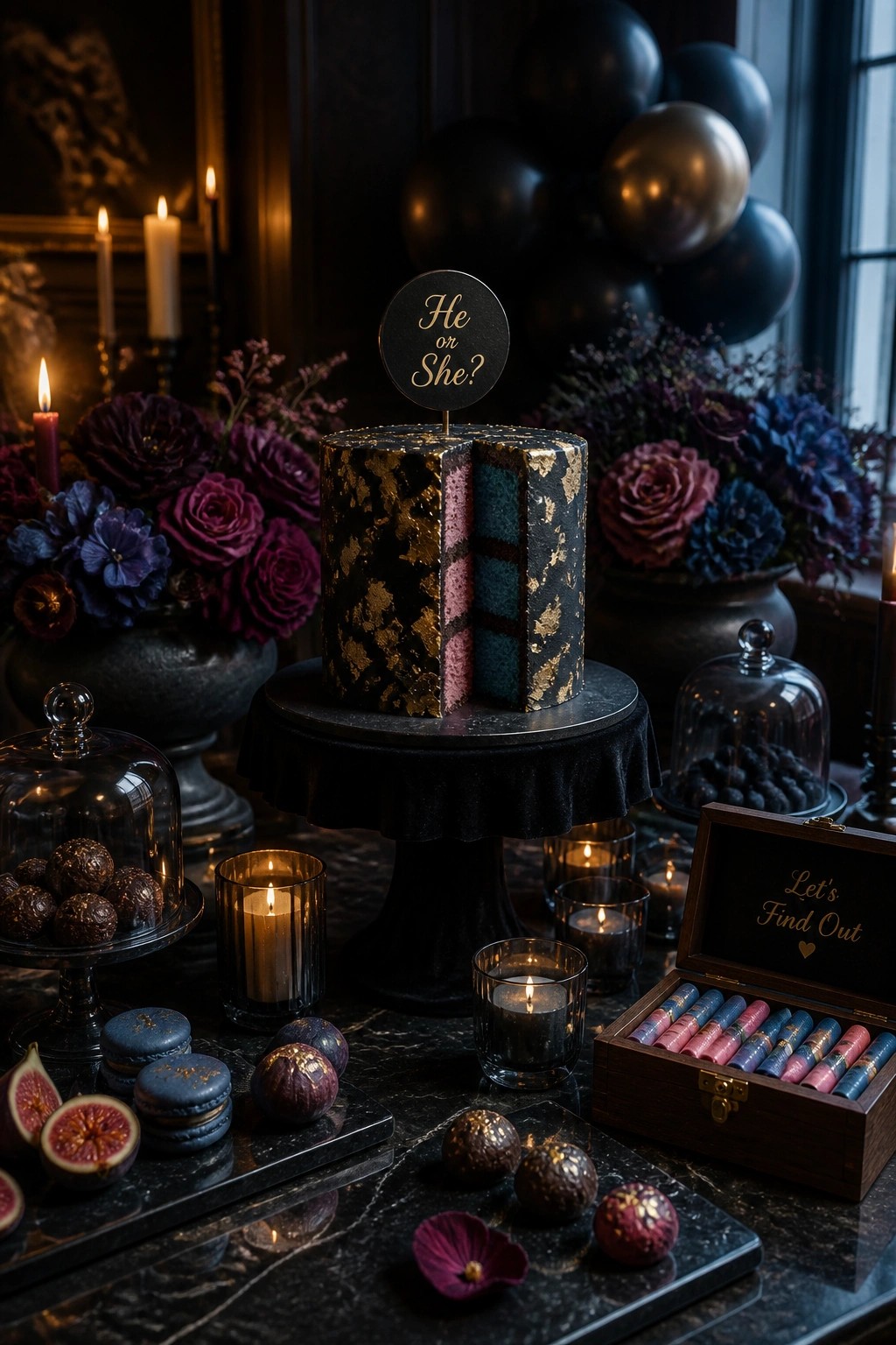 A round cake with black and gold exterior on a black stand, cut open to show pink and teal layers, set among candles and dark flowers.