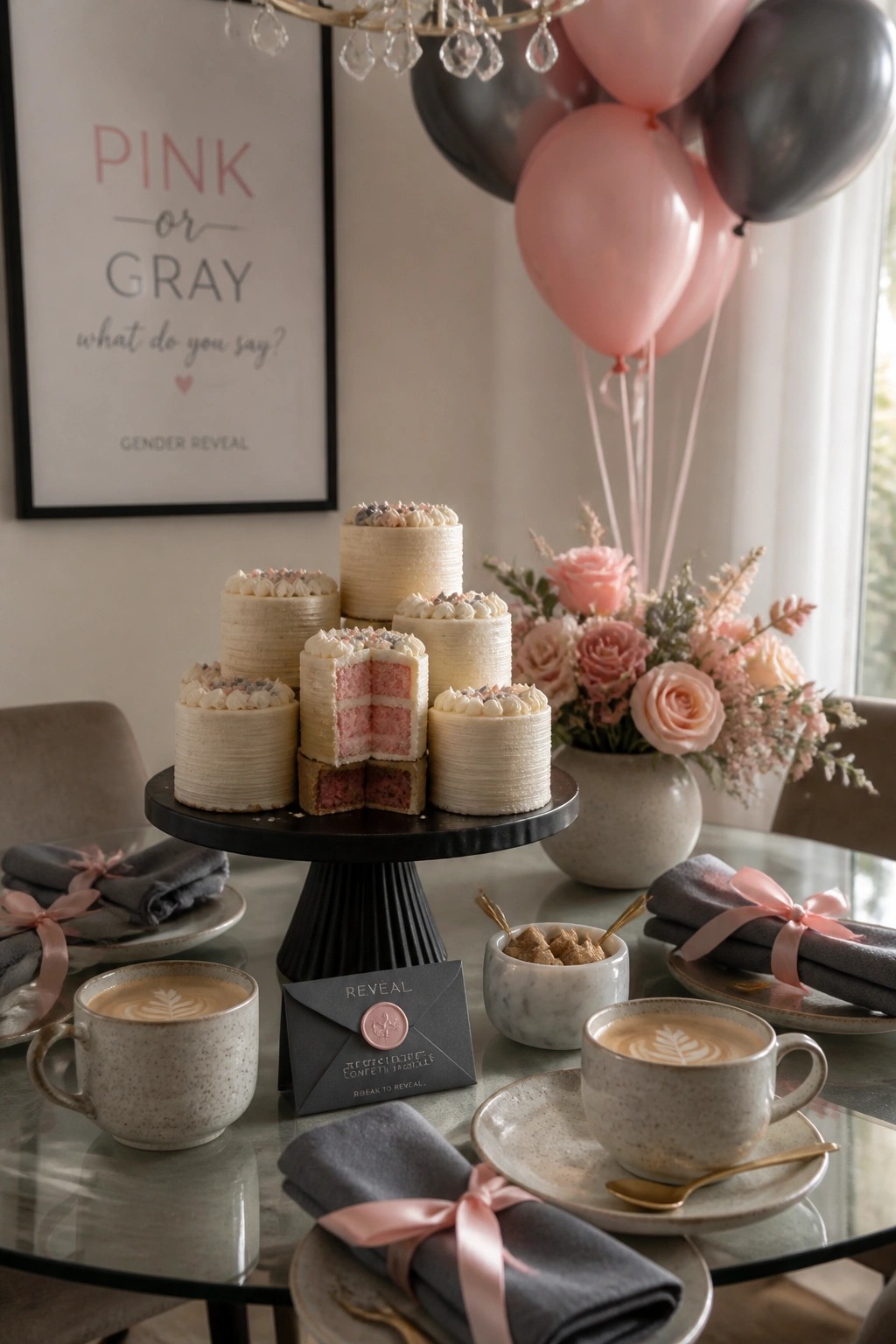 A glass table set with a black tiered stand holding small white cakes, one sliced to show pink layers inside, next to coffee cups, gray napkins with pink ribbons, and pink and gray balloons in the background.