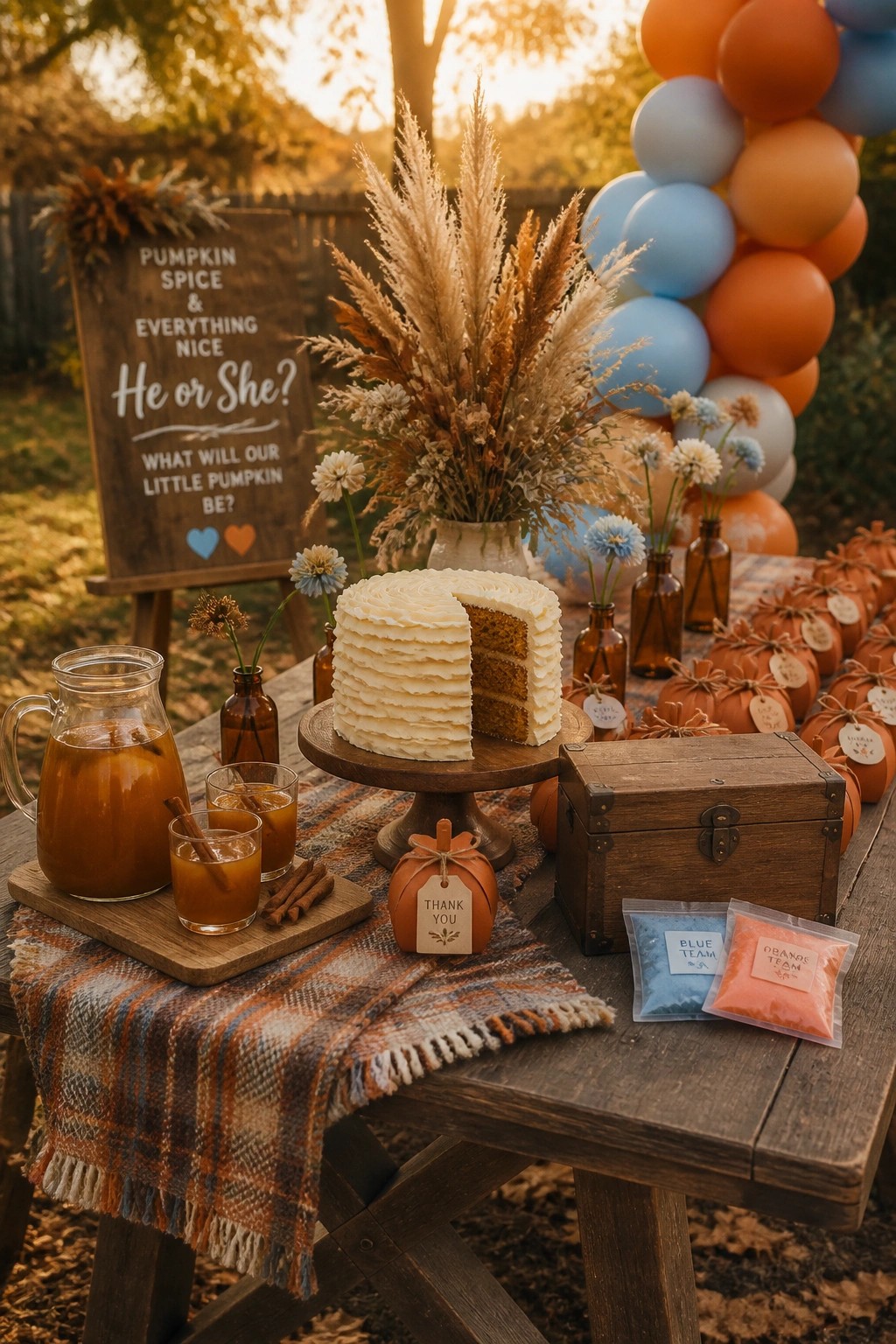 An outdoor gender reveal table with a sliced cake, plaid runner, small pumpkins, blue and orange balloons, and packets of colored powder.