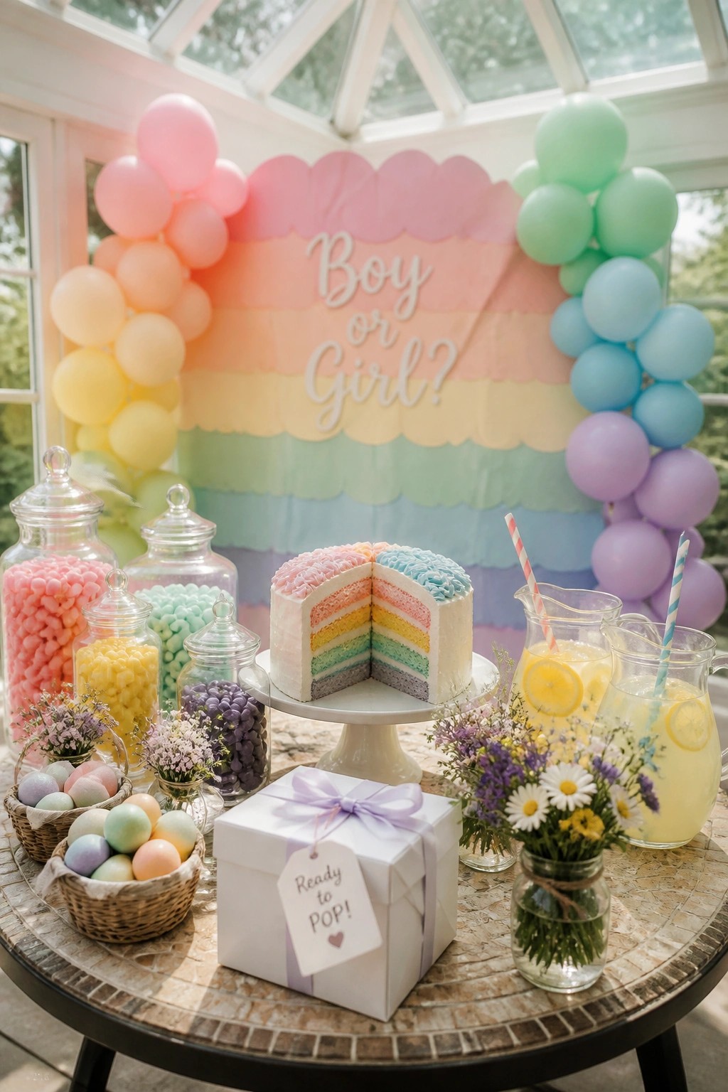 A gender reveal party table with a rainbow cake on a stand, pastel balloon arches, candy jars, lemonade pitchers, flower arrangements, and a white gift box in front of a rainbow backdrop.