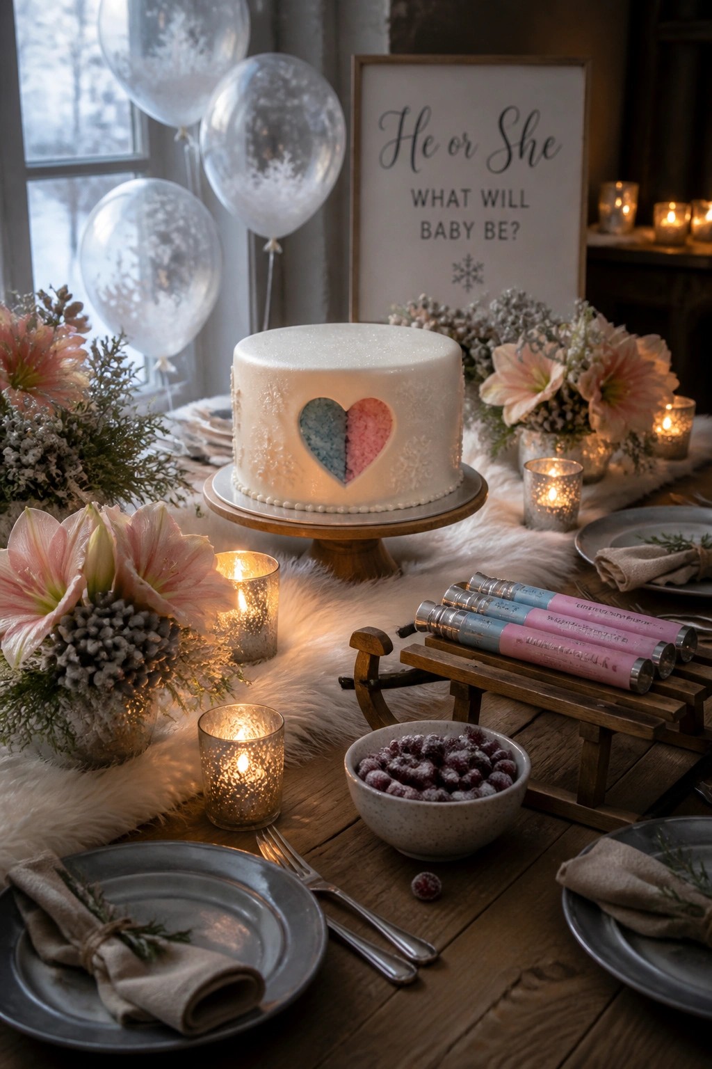 Winter gender reveal table with heart cake, balloons, sign, candles, and flowers