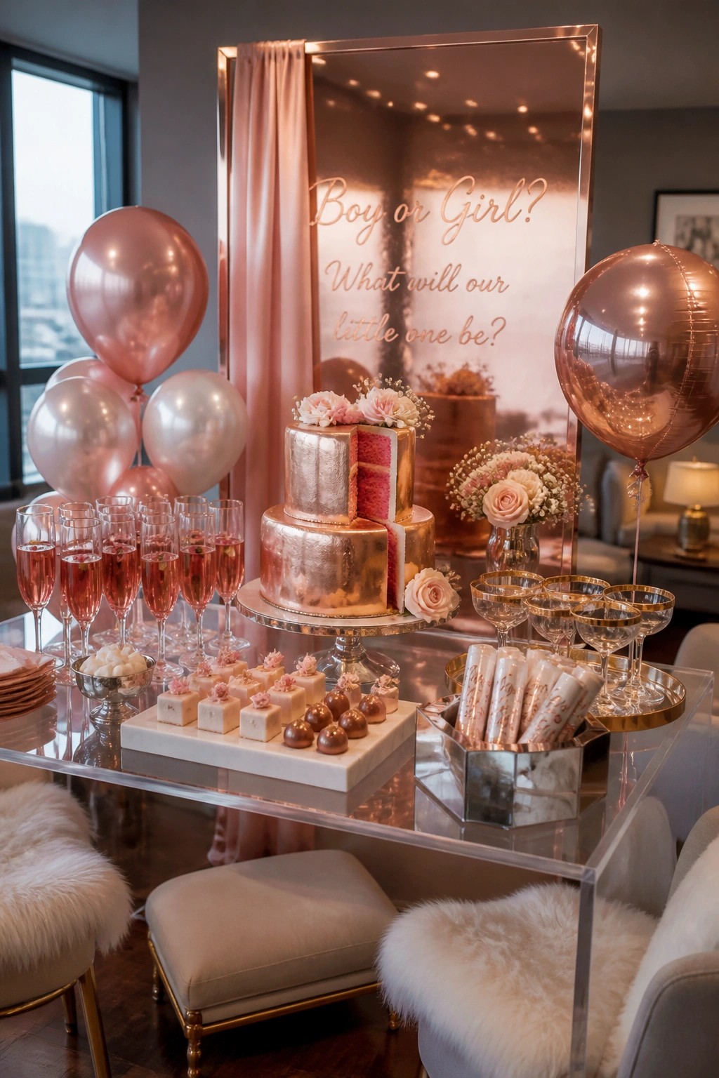 A gender reveal dessert table with a large rose gold cake, pink and white balloons, champagne glasses, and assorted sweets arranged on an acrylic table.