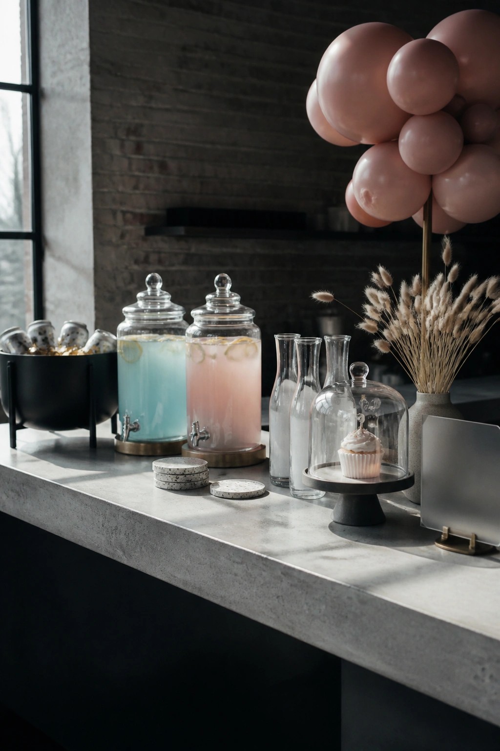 A gray concrete counter displays two glass beverage dispensers with blue and pink drinks, pink balloons, a cupcake under a glass cloche, and a black bowl of snacks.