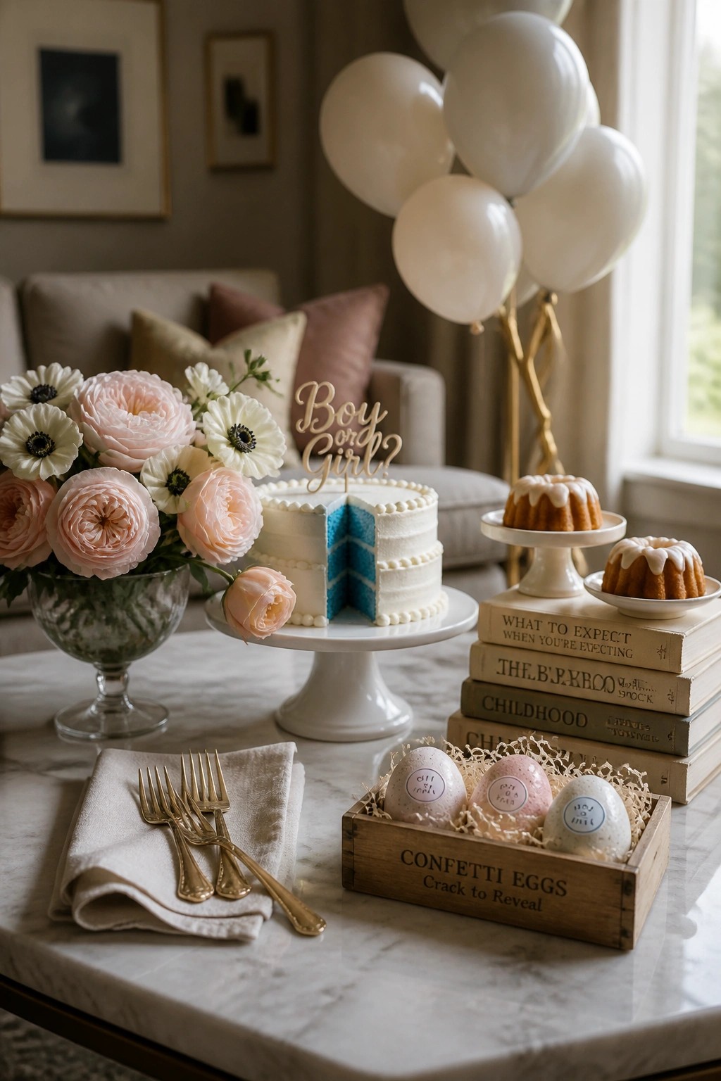 A white gender reveal cake with blue layers inside sits on a marble table with flowers, balloons, stacked books, and confetti eggs nearby.