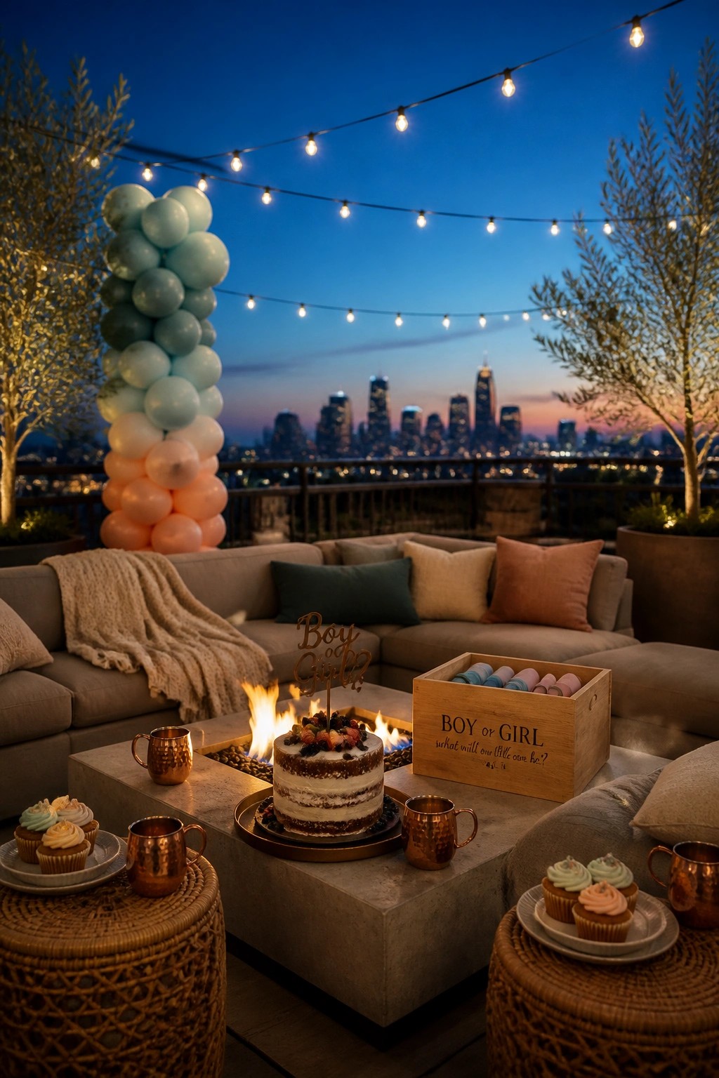 Rooftop patio at dusk with string lights overhead, a tall balloon column on the left, a cake and cupcakes arranged around a fire pit, and a wooden box on the table in front of a city skyline.